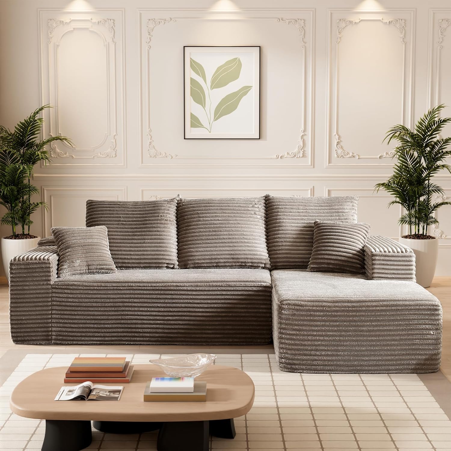 HYJT H&K Modular Sectional Sofa Cloud Couch, 107" Comfy L Shaped Sectional Couches for Living Room, Deep Seat Memory Foam Plush Fluffy Corduroy Boneless Couch Sectionals Right Facing Sofa Chaise Camel