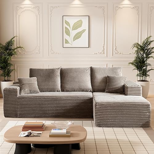 HYJT H&K Modular Sectional Sofa Cloud Couch, 107" Comfy L Shaped Sectional Couches for Living Room, Deep Seat Memory Foam Plush Fluffy Corduroy Boneless Couch Sectionals Right Facing Sofa Chaise Camel
