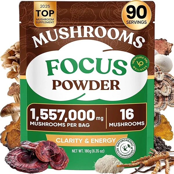 Venture Pal 16 in 1 Mushroom Powder (90 Servings) - 1,557,000mg Mushroom Coffee Alternative with Ashwagandha, Lion’s Mane, Chaga & More | 100% Fruiting Bodies | 10:1 Extract for Immune,Focus & Energy