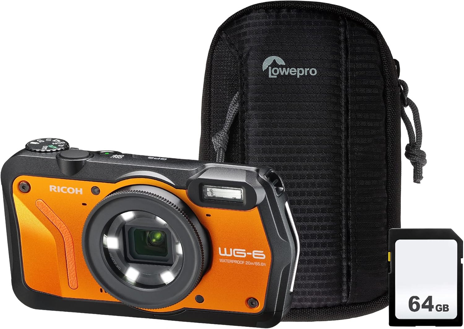 Ricoh WG6 20MP 5x Zoom Tough Compact Camera, 64GB SD Card & Case