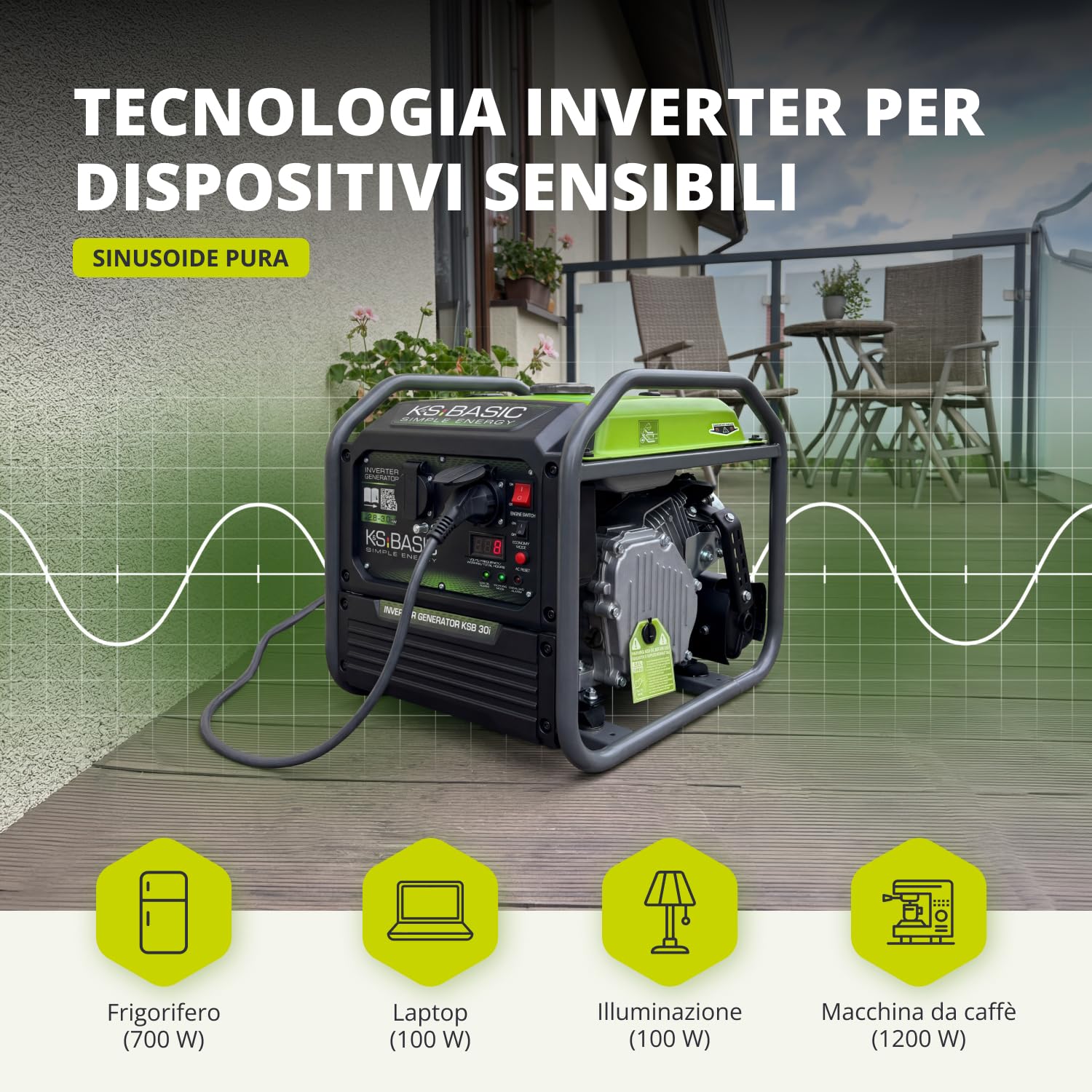 K&S Basic 30i Generatore inverter, 2800 W, potenza nominale 3000 W massima, generatore di emergenza a benzina, onda sinusoidale pura, modalità ecologica, generatore di corrente per casa, campeggio e