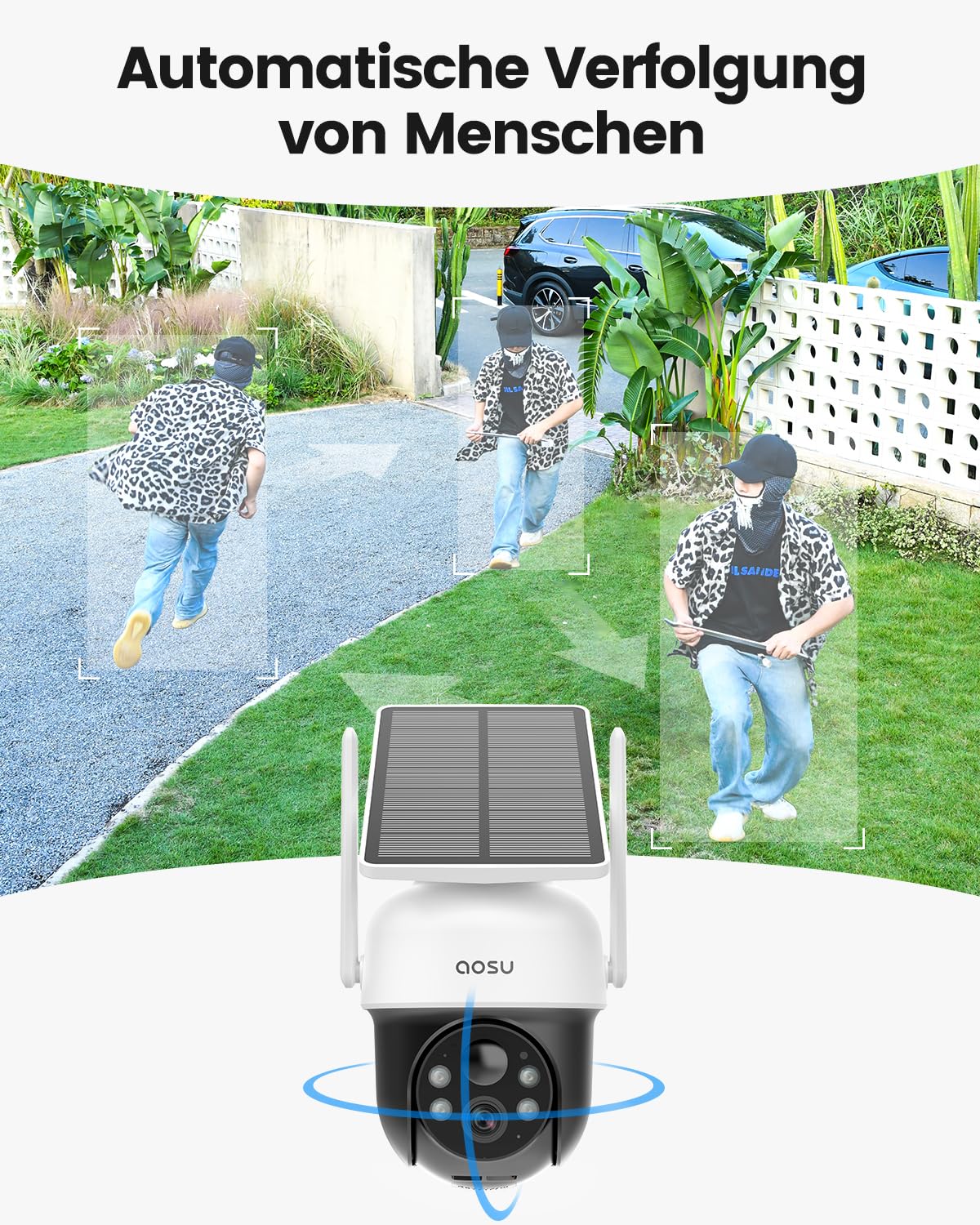 aosu 2K Überwachungskamera Aussen Solar Akku 3MP 360 PIR-Bewegungserkennung | Integrierter Solarpanel Automatische Verfolgung Kamera Überwachug Aussen Farb-Nachtsicht Ton- & Lichtalarm 2-Wege-Audio IP65