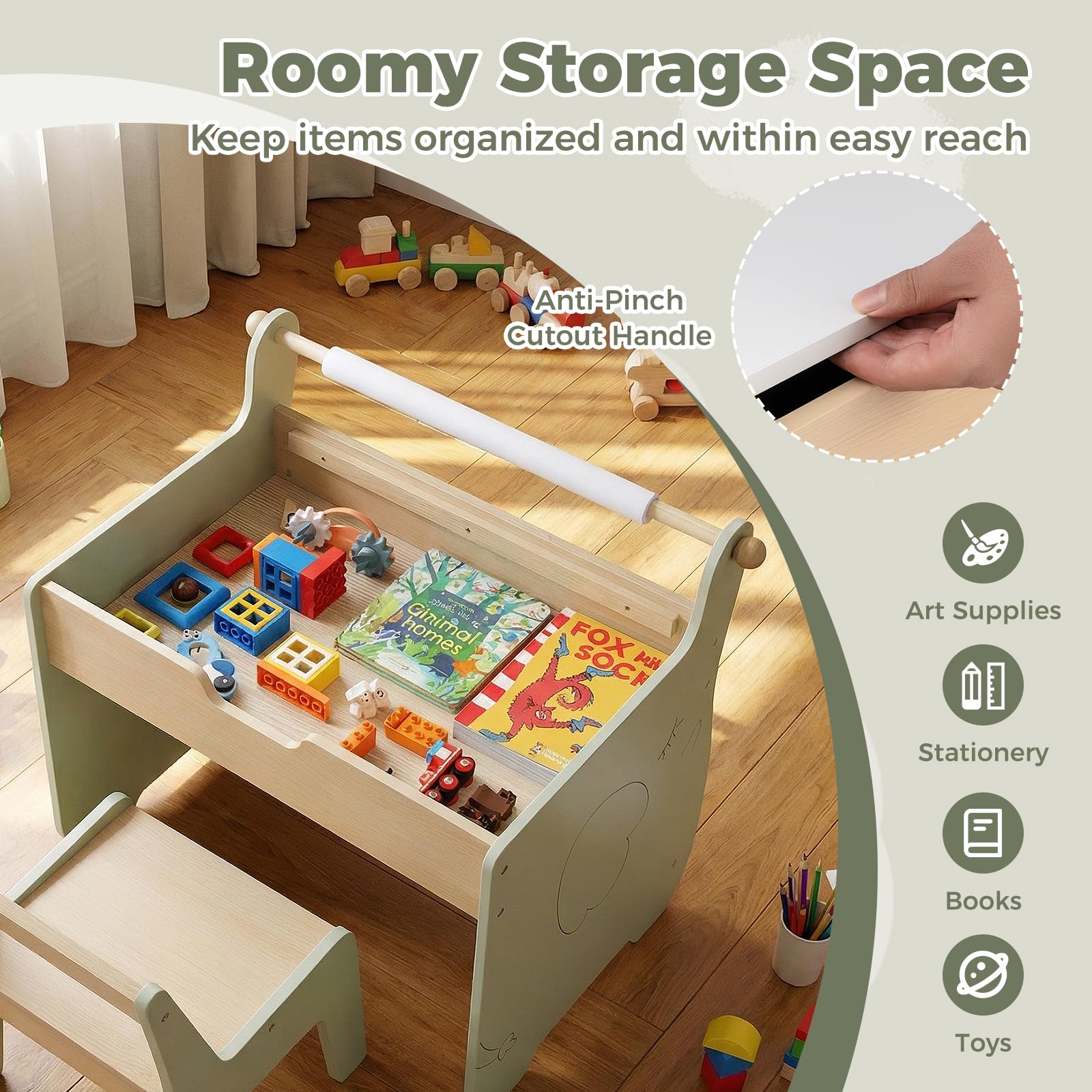 FANTASK 4 in 1 Holz Kindertisch mit Stuhl, wendbare & abnehmbare Tischplatte, Maltisch mit Stauraum & Papierrollenhalter, für Kinder ab 3 Jahren