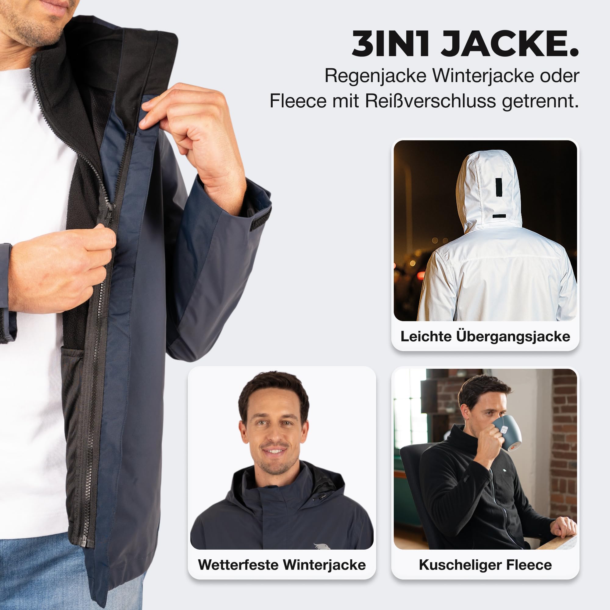 Valkental - Reflektierende & Wasserdichte 3in1 Jacke Herren [Fleece Zipp-In & Verstaubare Kapuze] Geeignet als Winterjacke, Regenjacke & Fahrradjacke - 10.000mm Wassersäule - Doppel Reißverschluss