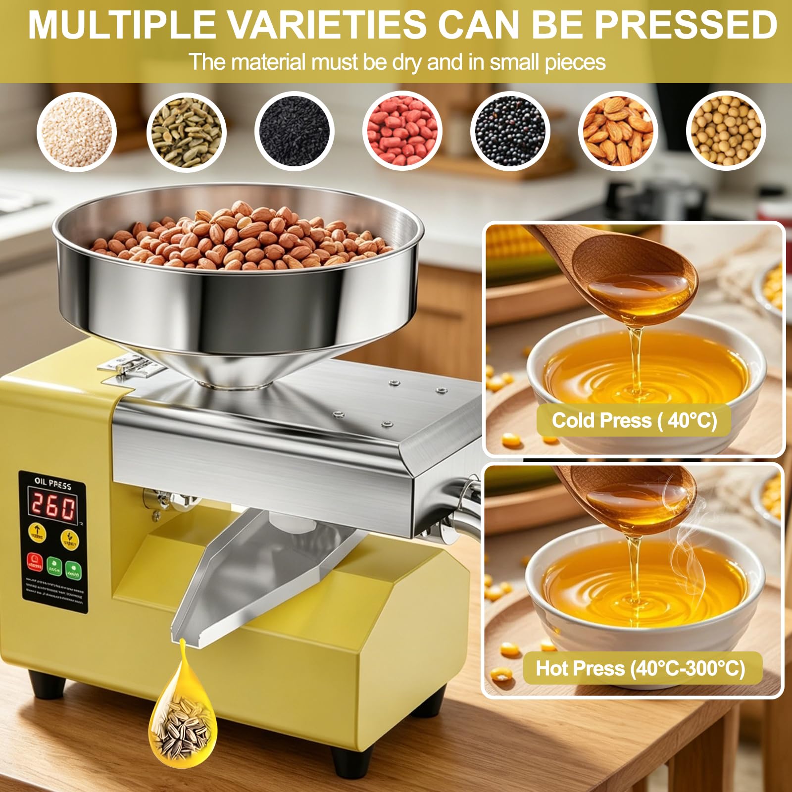 Presse à huile 1500 W, extracteur d'huile froide et chaude intelligent avec trémie de grande capacité de 235 mm, machine à huile compacte en acier inoxydable, économise de l'espace, sortie de 5 à 9 kg