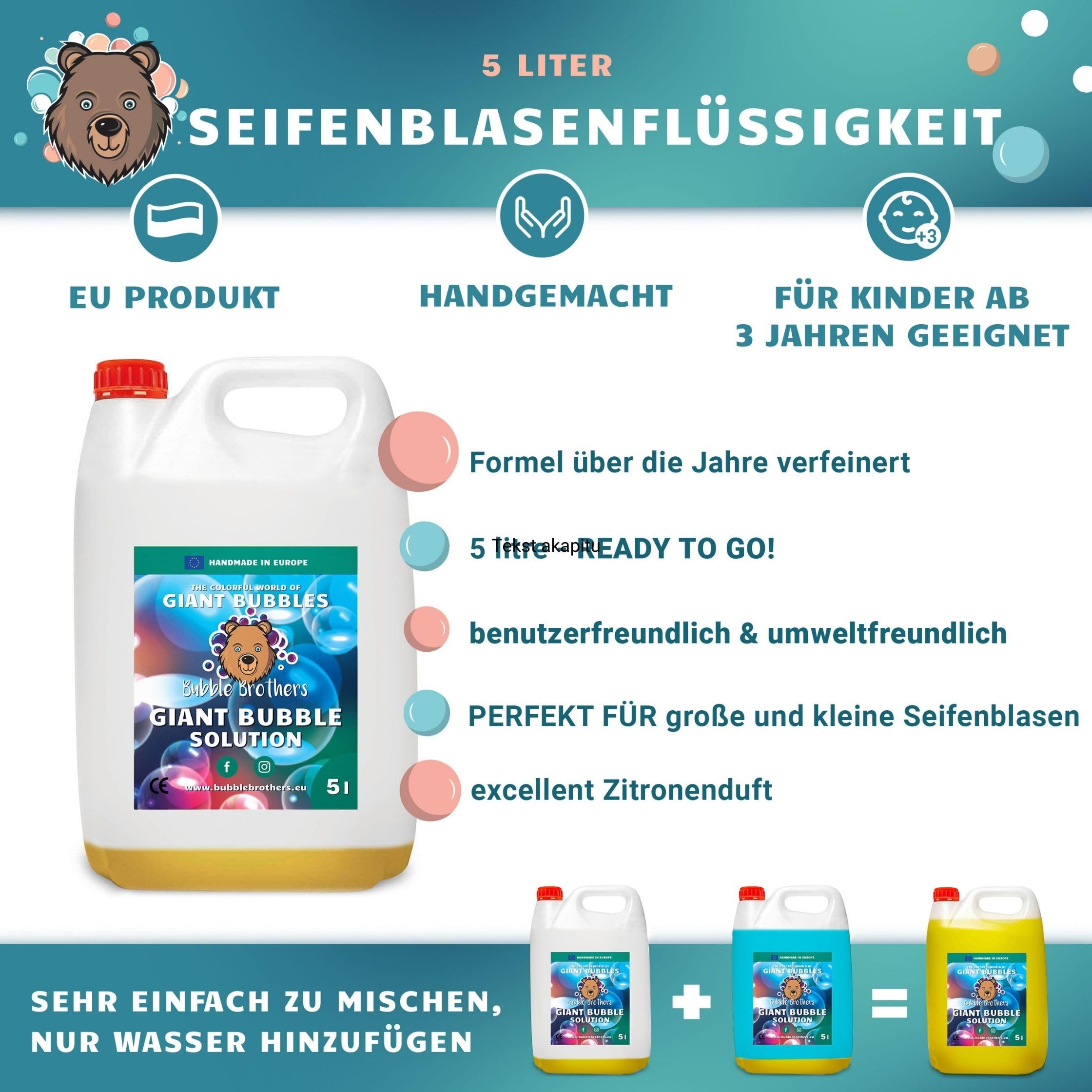 Bubble Brothers Bottiglia di ricarica per bolle di sapone, 5 l liquido per bolle di sapone, per bolle di sapone, soluzione per bolle di sapone stabile (1 x 5 litri + 3 bacchette per bolle giganti)