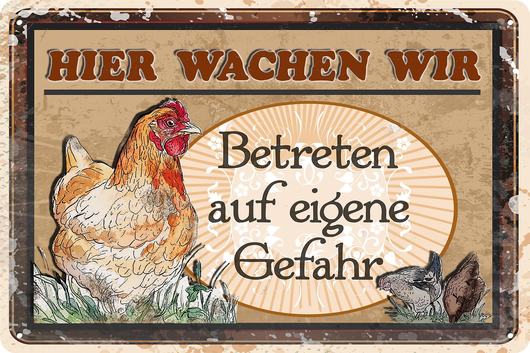 LUCKYLINDE - Wetterfestes 30 x 20 cm Blechschild – Hühner Schild – Hühnerstall Deko Schild, Huhn, Henne, Hahn, Bauernhof Schild (Hier wachen wir!)