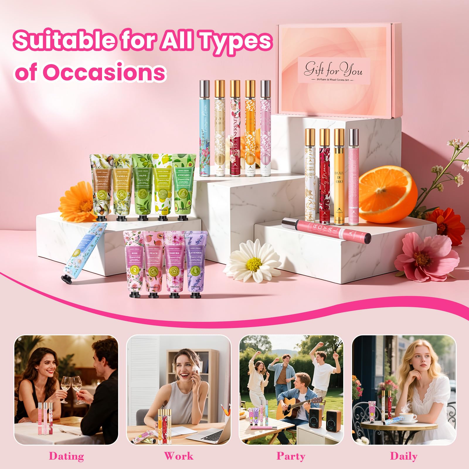 Coffret cadeau de parfum pour femme : 10x35ml mini parfums + 10 mini crèmes pour les mains, Eau de parfum pour femme aux notes florales et fruitées. Idéal comme cadeau pour un la Saint Valentin, Noël