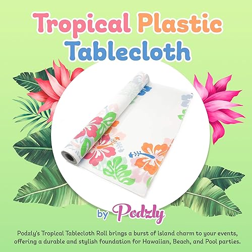 Miniatura 2 de Podzly Rollo de mantel tropical  Funda desechable de plástico de 100 pies para fiestas hawaianas, Luau, Tiki, Aloha, verano. Duradero, impermeable,
