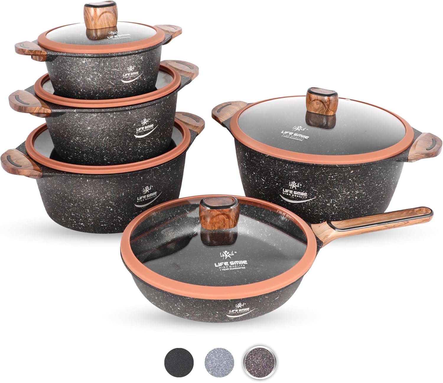 LIFE SMILE Cookware Set 10 pieces – Pots and pan set Induction Base, Titanium Granite Non Stick Coating 100% PFOA FREE, Kitchen Cooking Set with Stay Cool Handles (Brown)