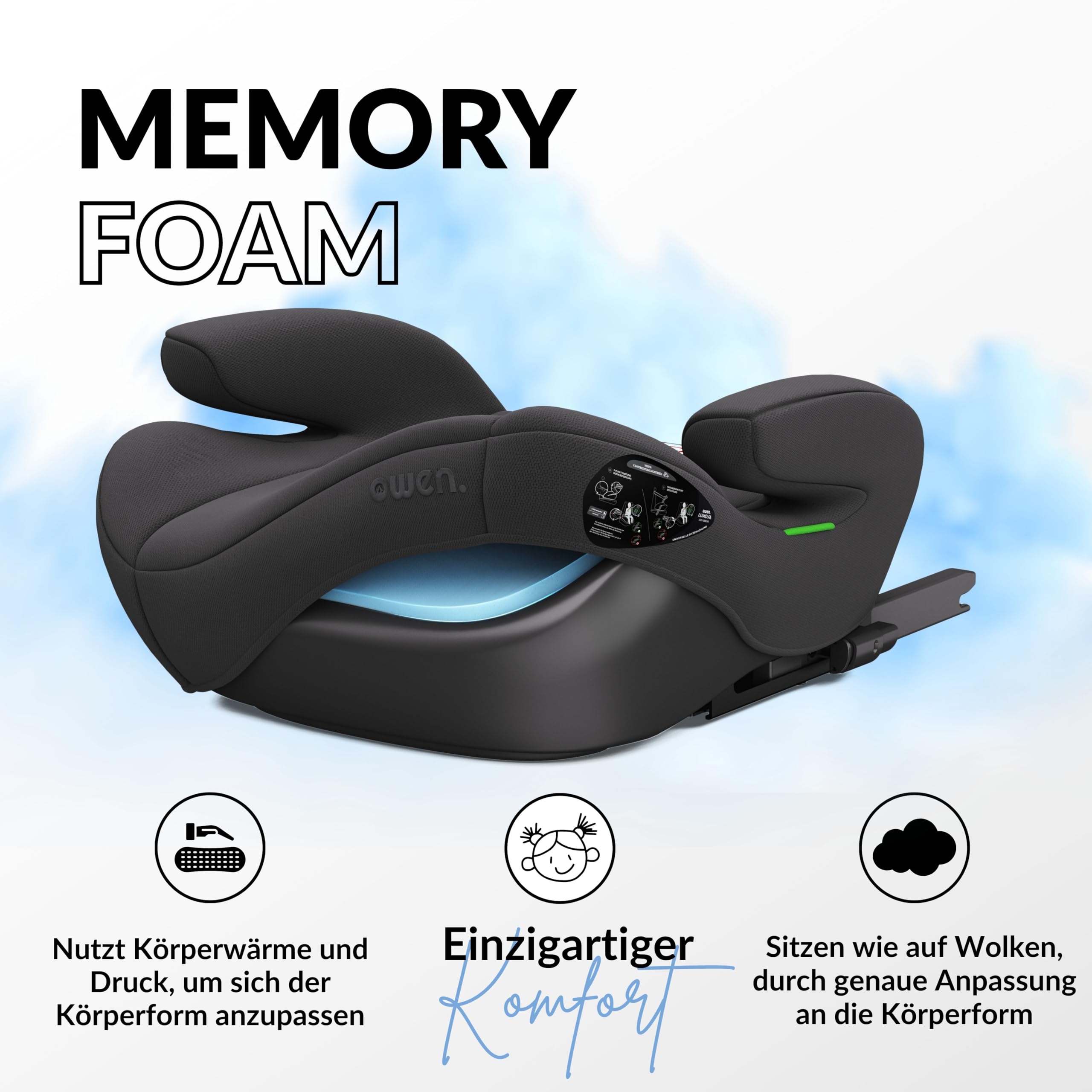 OWEN Sitzerhöhung Auto ISOFIX Kindersitz Memory-Schaum Wechselbezug 15–36 kg 6–12 Jahre ECE R129 geprüft ergonomisch leicht Bezug waschbar schwarz