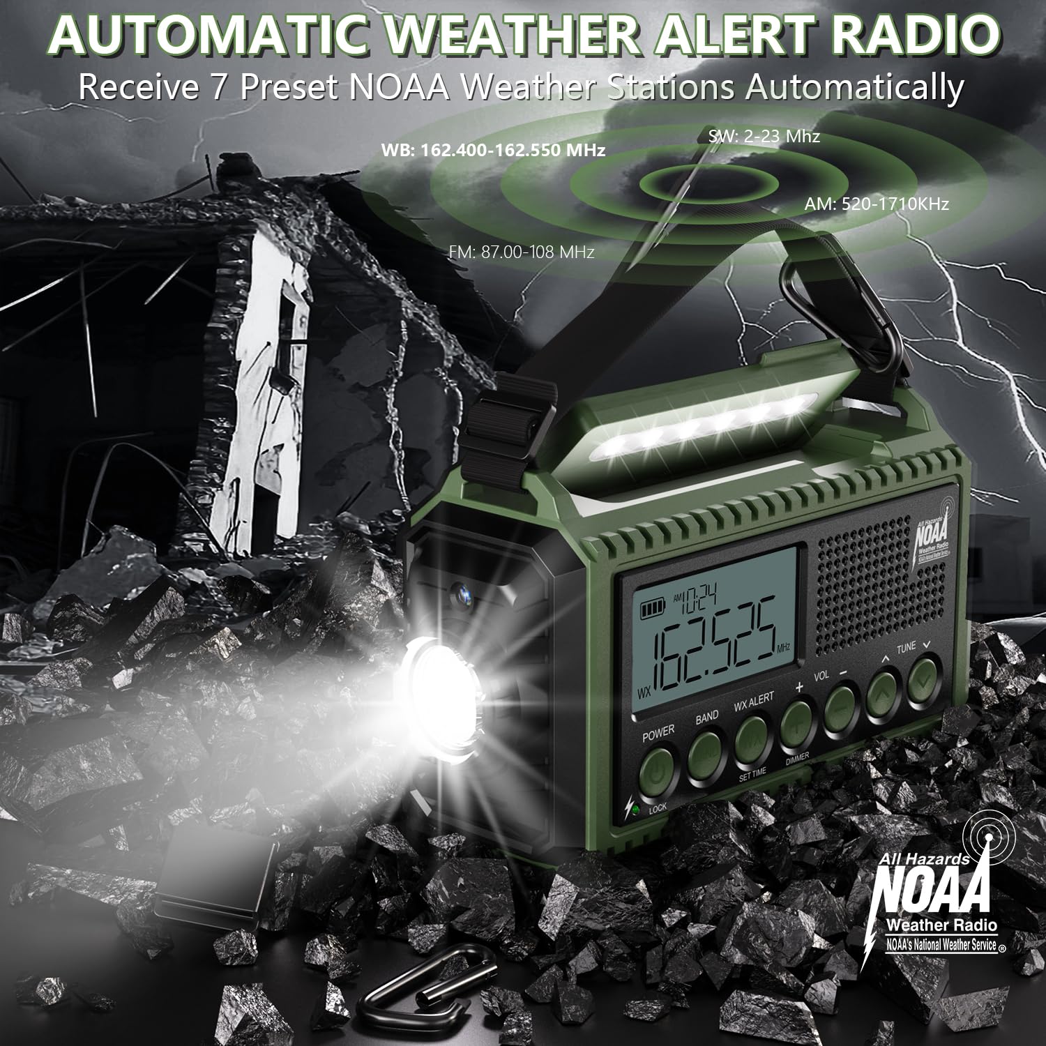 Radio di emergenza meteo 12.000 mAh, radio meteo di emergenza AUTO NOAA, radio solare a manovella, AM/FM/SW/NOAA, radio portatile allarme meteo, caricabatterie
