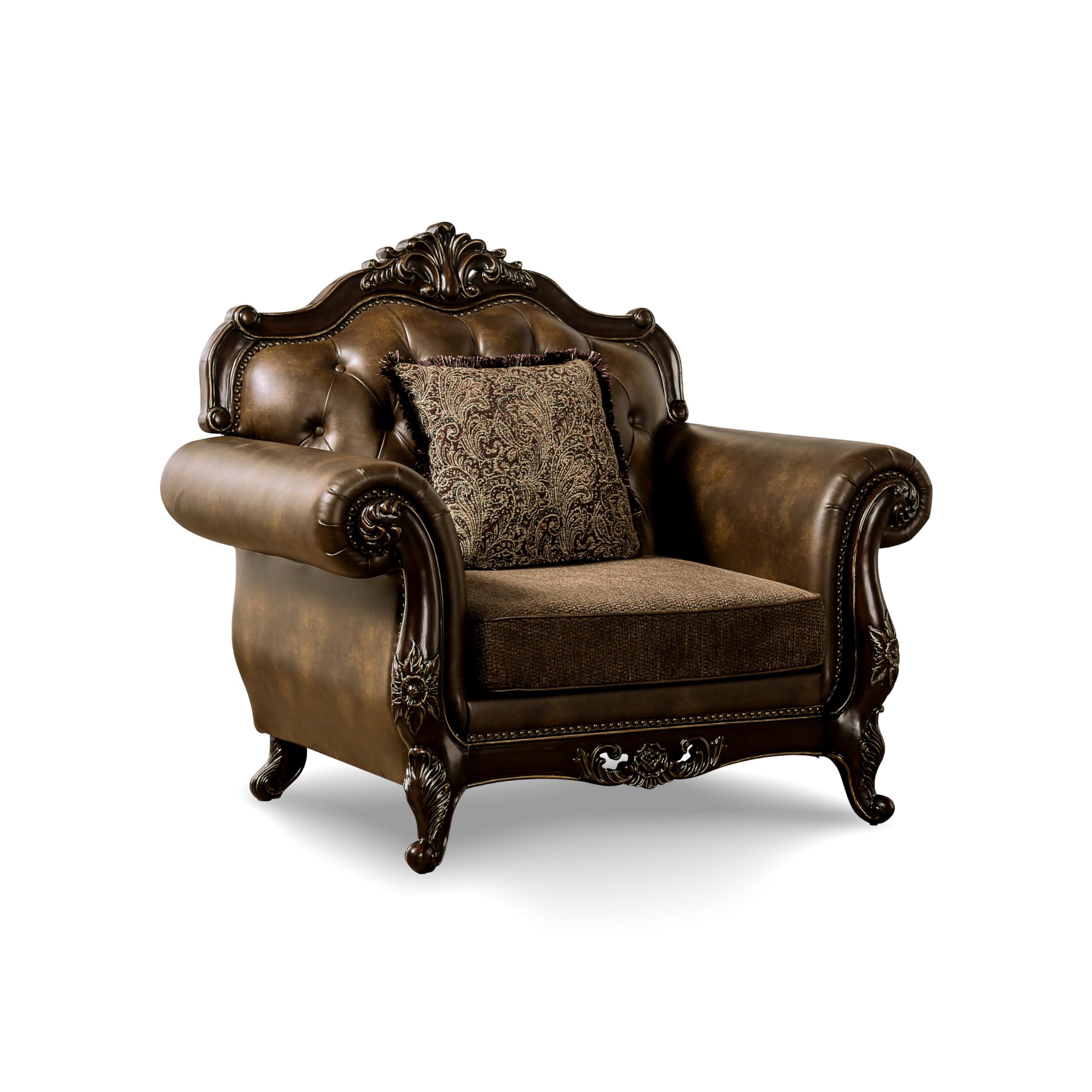 Furniture of America Grant Faux Leather 52-inch 1-Seater Chair with Button Tufted Back and Nailhead Trim, Accent Pillows Included & Carved Details for