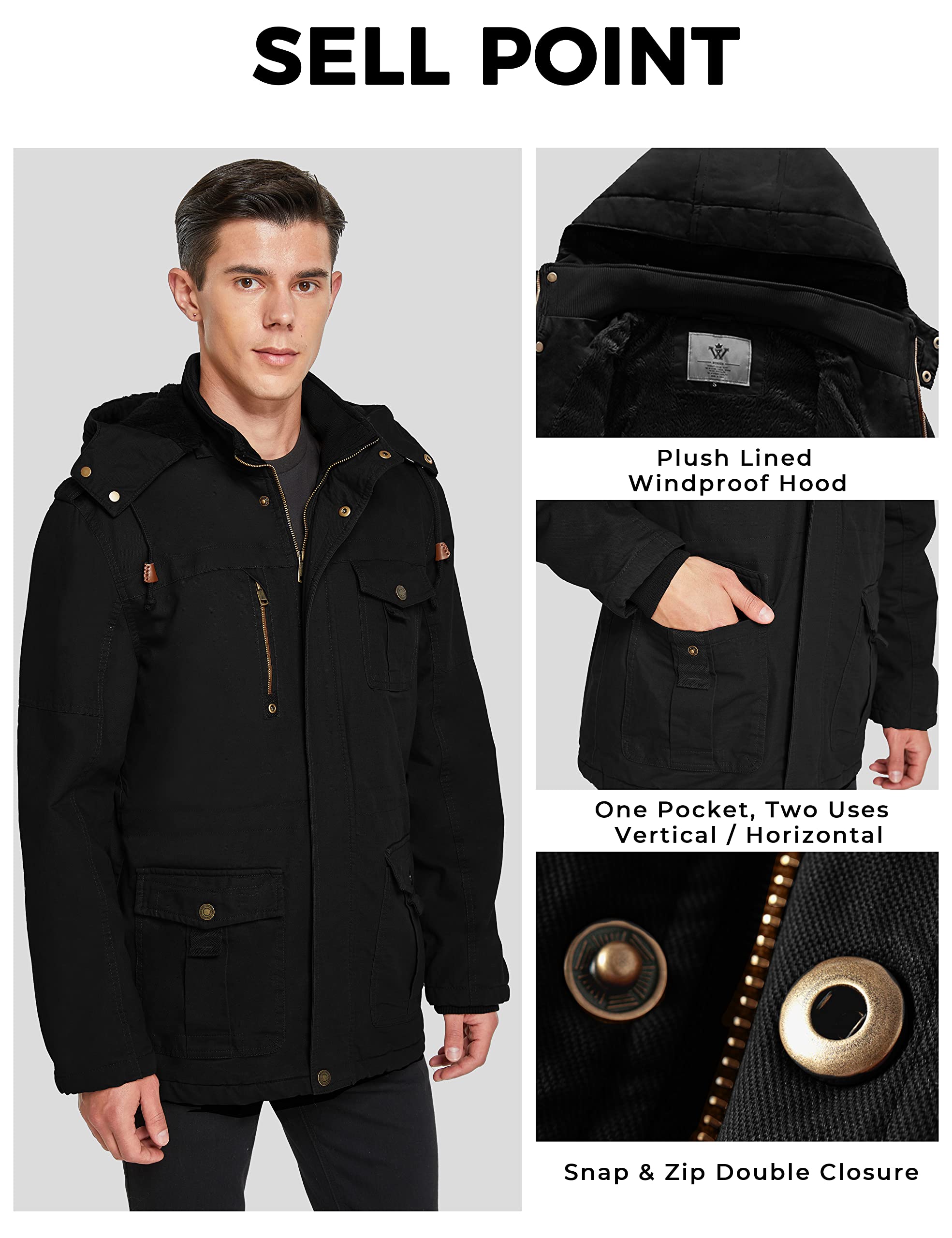 WenVen Homme Veste Décontractée à Capuche Hiver Chaud Manteau d'Extérieur Classique Veste Militaire Cargo Style Manteau Doublure Polaire