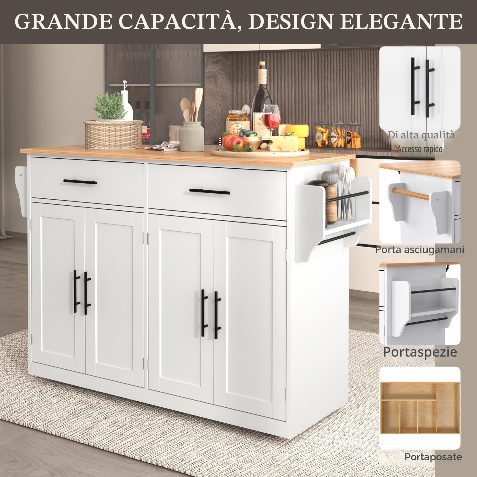 Armadio da cucina con piano di lavoro pieghevole, 120 x 46 (70) x 91 cm, con ruote e gambe in legno intercambiabili, isola da cucina indipendente, per cucina e sala da pranzo (bianco)