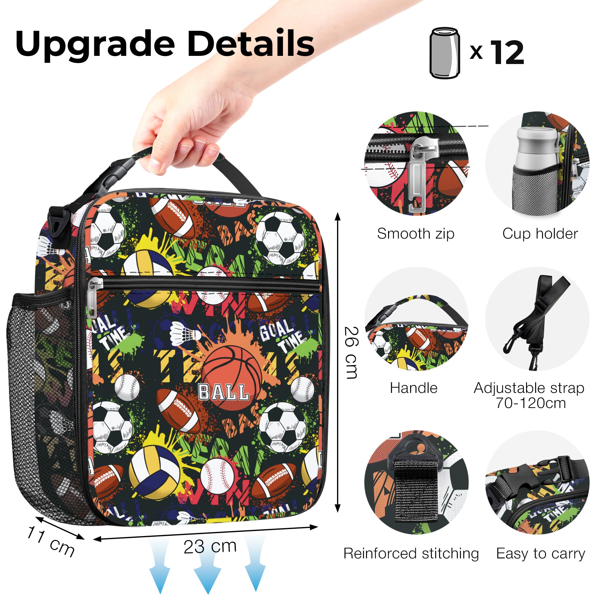 Clastyle Borsa Termica Porta Pranzo Bambini Scuola Palla Sportiva Borsa Frigo Piccola Ragazzo Portatile, Pallacanestro Nera