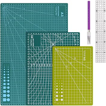 3Pcs Self Healing Cutting Mat with Knife and Quilting Ruler,3 Size Non-Slip Cutting Mat for Crafts Hobby Project, A3/A4/A5,Green