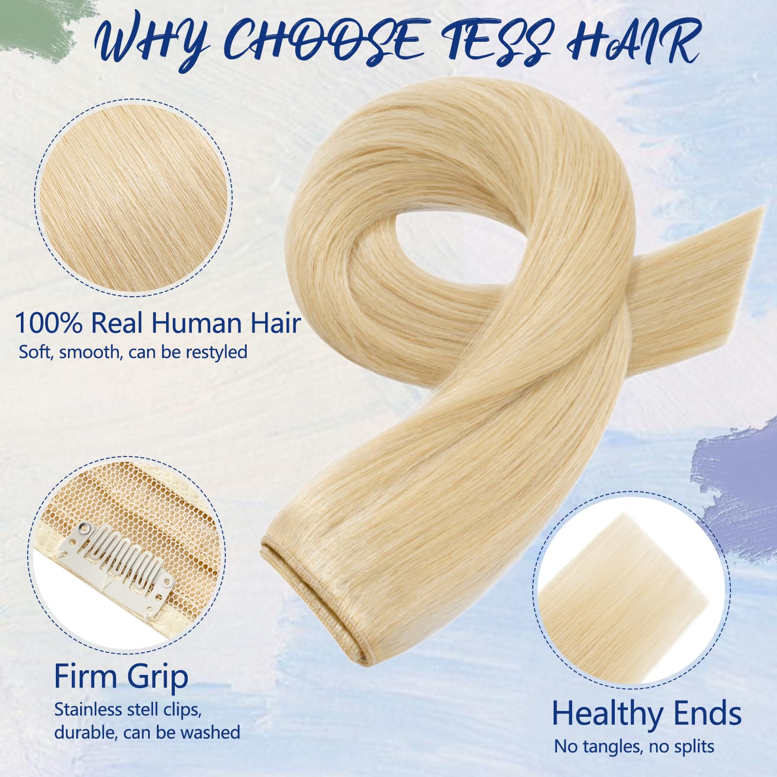 TESS Clip in Hair Extension Real Human Hair Full Head 8 P Pieces Balayage Long Straight Real HairPieces for Women/Girls(#613 Bleached blonde,24Inch) - Image 2