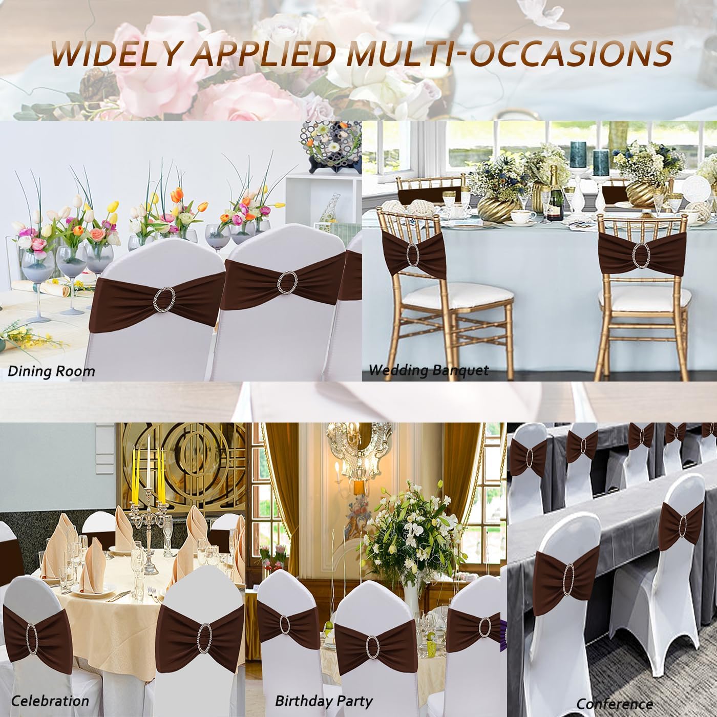 Brown Chair Sashes 50 Pack, Spandex Brown Chair Bows Bands with Buckle Slider for Folding Chairs Wedding Party Birthday Decor, Chair Ties