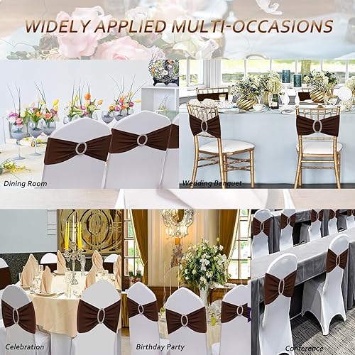 Miniatura 4 de JFDYDM Paquete de 50 bandas de elastano marrón para decoración de boda, bandas elásticas de alta calidad para sillas con hebilla, correas