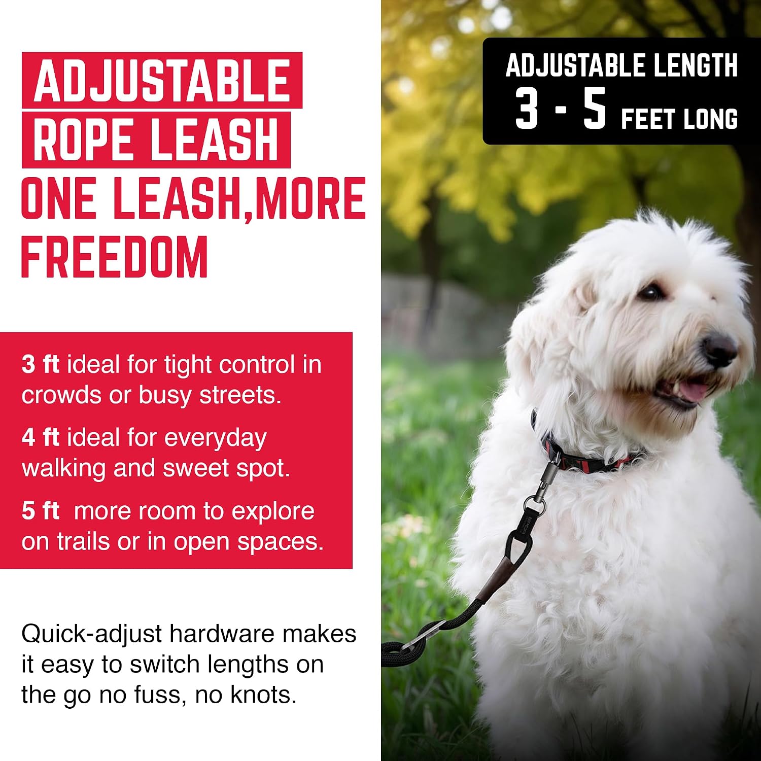 GPCA Dog Leash PRO– Heavy-Duty Strong Rope Leash for Small, Medium and Large Dogs, Shock-Absorbing 6-Core Lead with CNC Steel Adjuster & 360 X Clip, 3–5 ft Adjustable Length for Walking (Black)