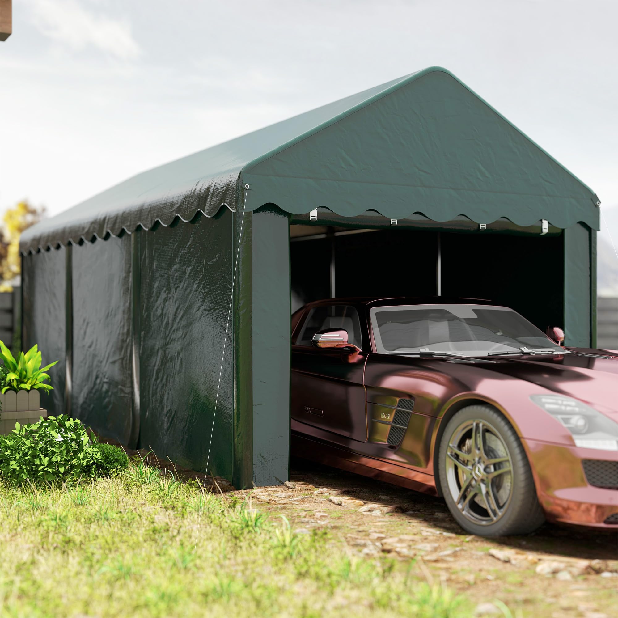 Outsunny Tenda da garage Carport 3 x 6 m con 2 porte avvolgibili, tessuto PE 200 g, resistente ai raggi UV e impermeabile, per auto, camion, barca, verde