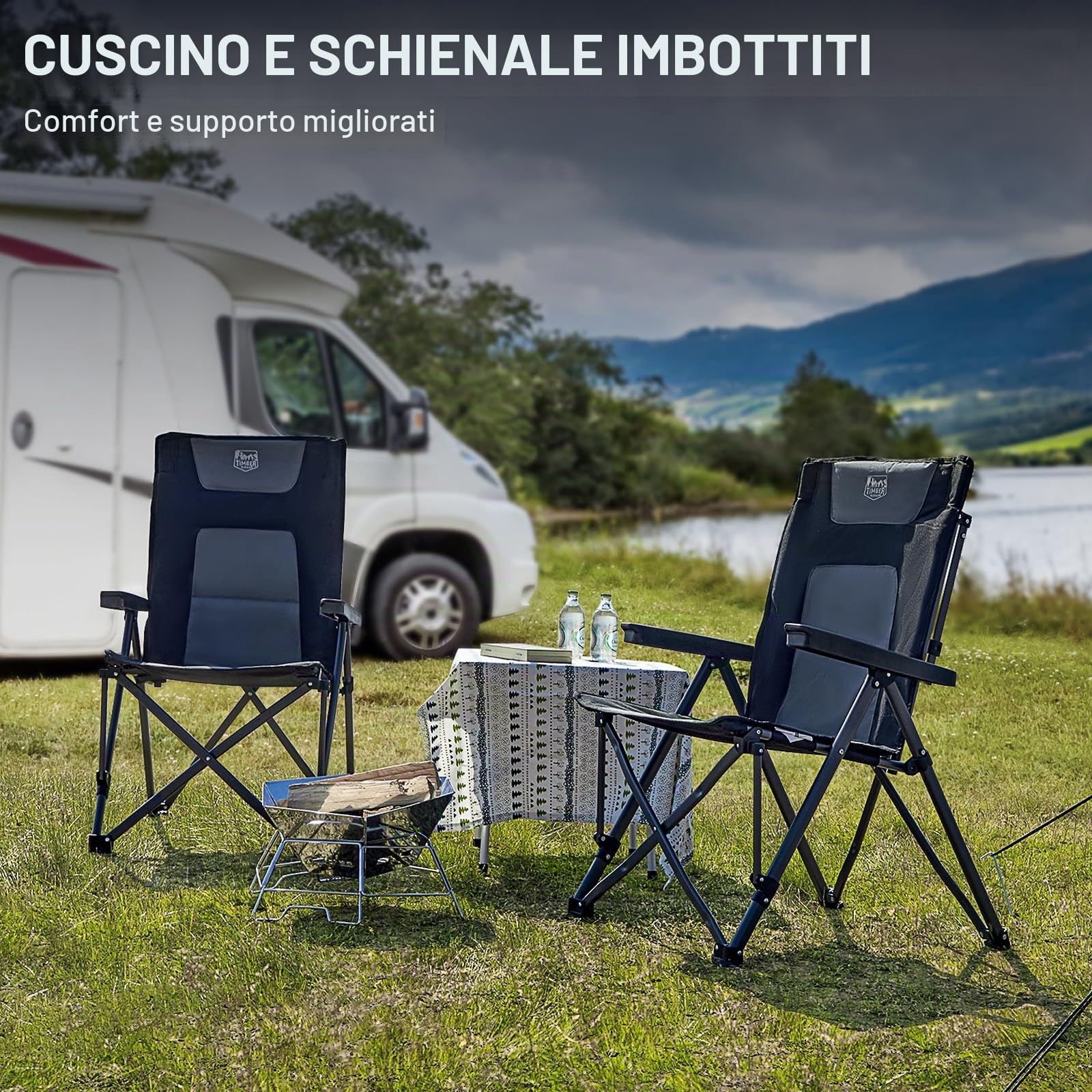 TIMBER RIDGE Sedie Pieghevole da Campeggio 260 KG Sedia Pesca Imbottiti Regolabile in 4 Posizioni con braccioli Portatile Nero