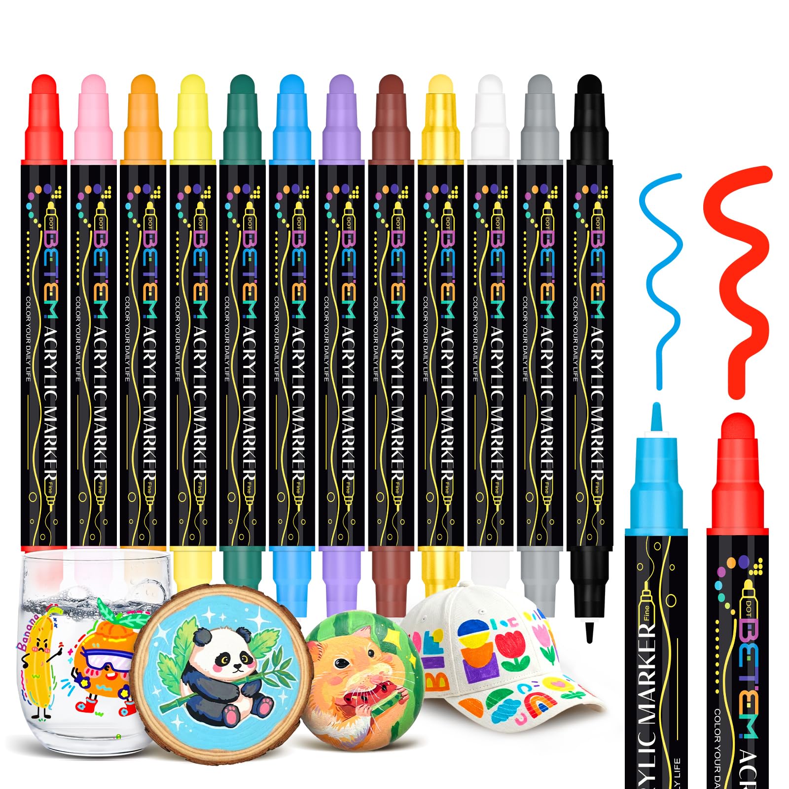 Betem 12 Colors Dual Tip Acrylic Paint Pens Markers, Premium Colouring Pens for Rock Painting, Wood, Canvas, Stone, Ceramic Surfaces, Christmas Painting Kit DIY Crafts Making Art Supplies