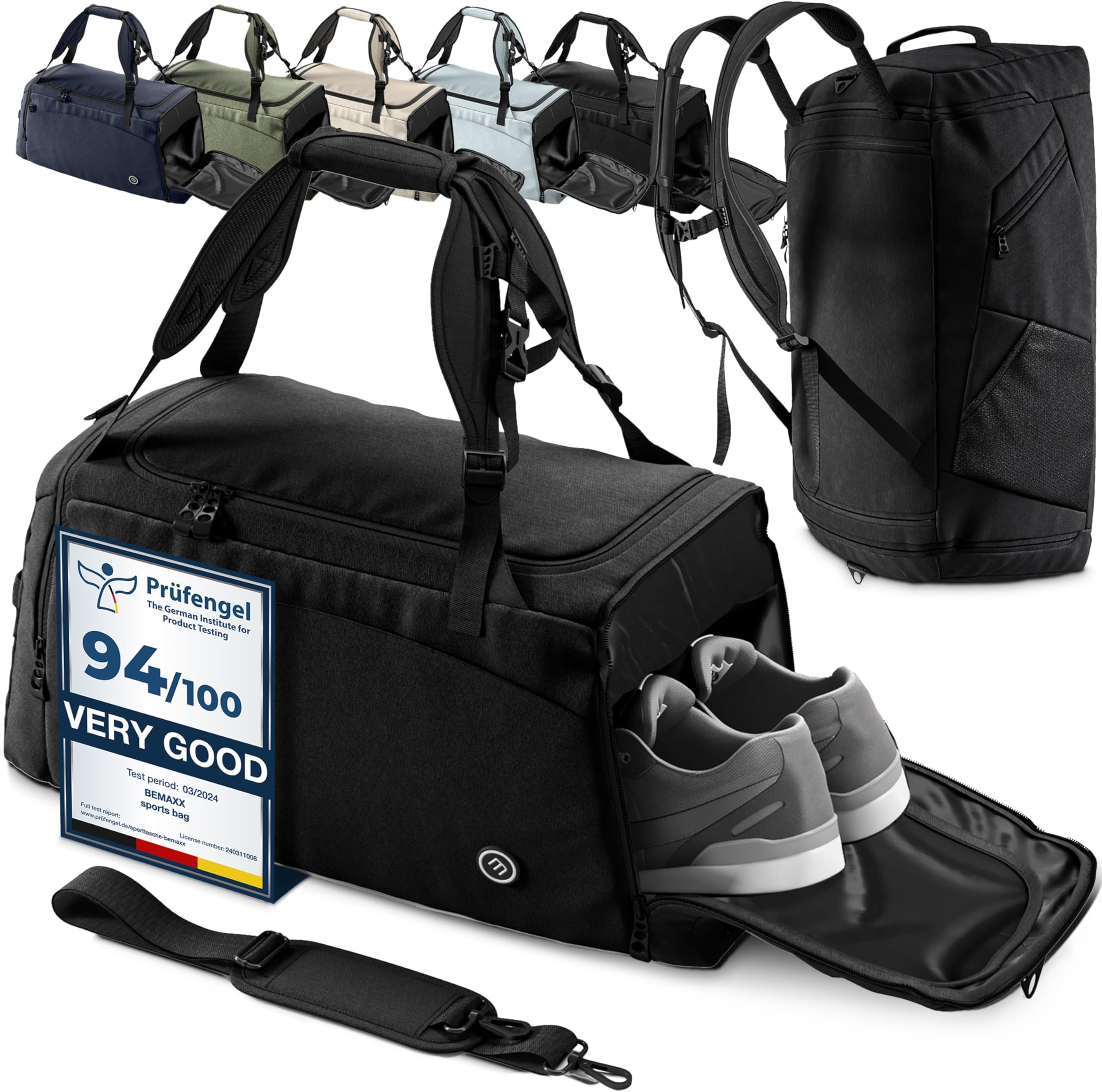 Gym Duffle Sports Bag + Backpack Function, Shoe Compartment, Toiletry Pocket: 40L 60L Travel Fitness Holdall Men/Women + Shoulder Strap, Swimming Football Basketball Tennis Luggage Weekender Rucksack