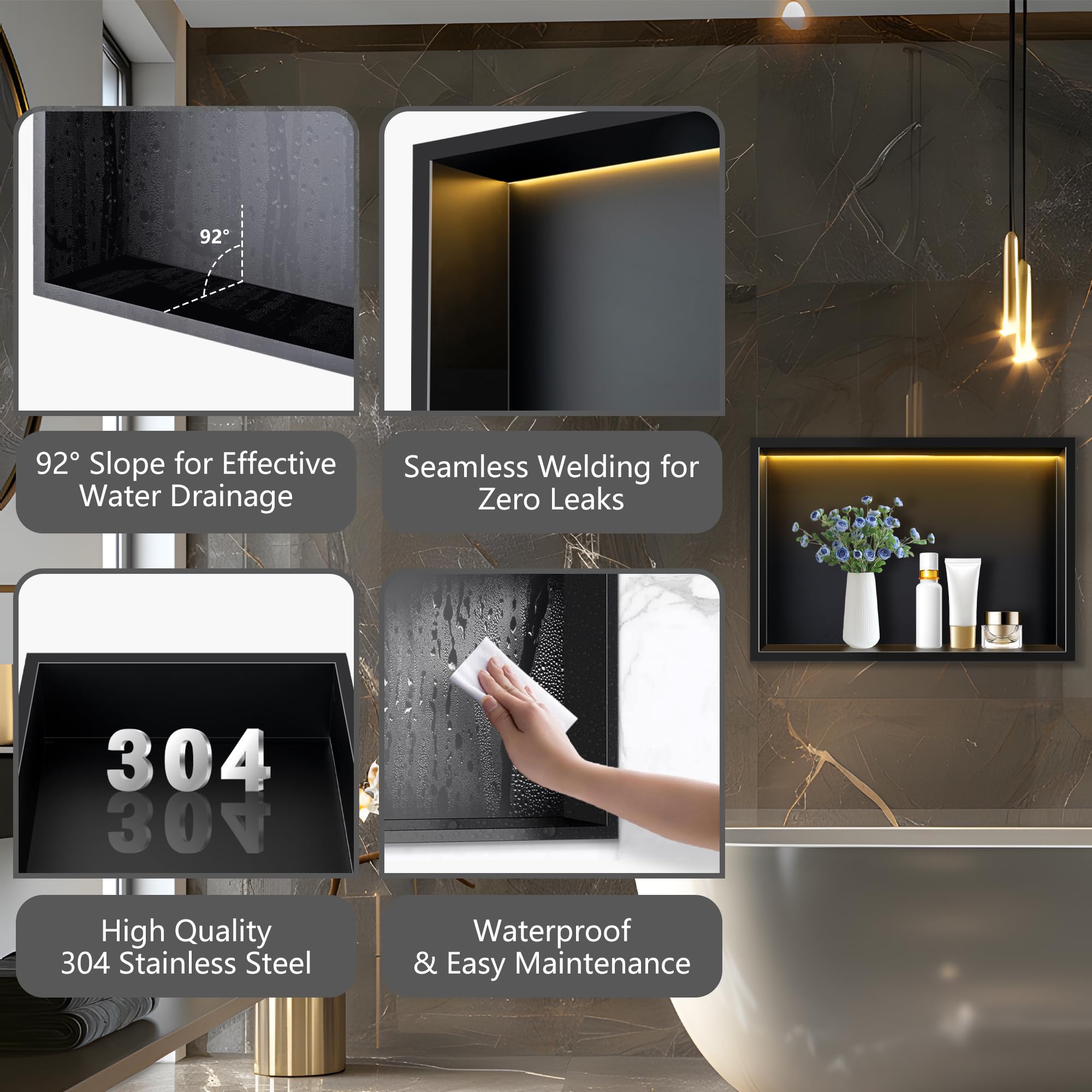 FTL Nicchia da Parete per Doccia in Acciaio Inox con Luce LED 45x30cm,Nero Nicchia da Doccia Incasso con 3000K Bianco Caldo LED,Senza Piastrelle,Impermeabile Nicchia per Bagno