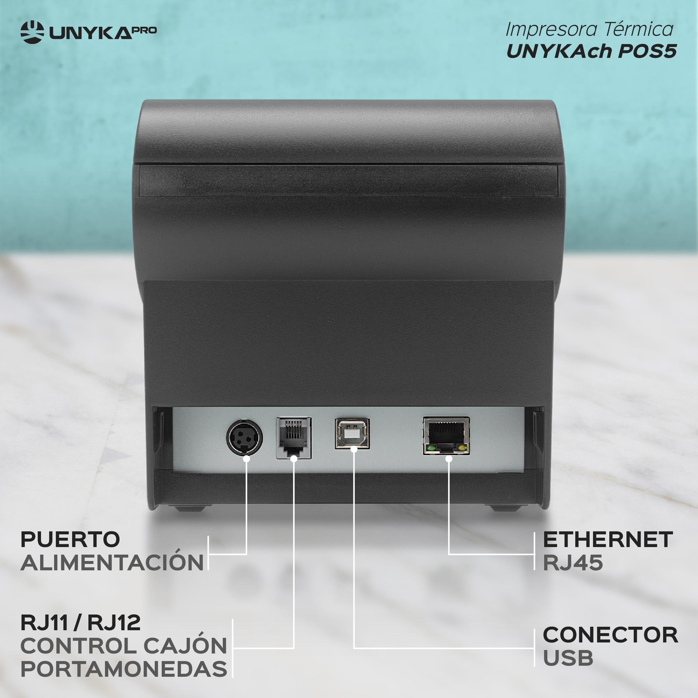 Unykach Impresora Térmica de Tickets POS5 con Corte Automático, USB, RJ12, RJ11, LAN, Compatible Windows, JPOS, OPOS, Linux, Android, Mac