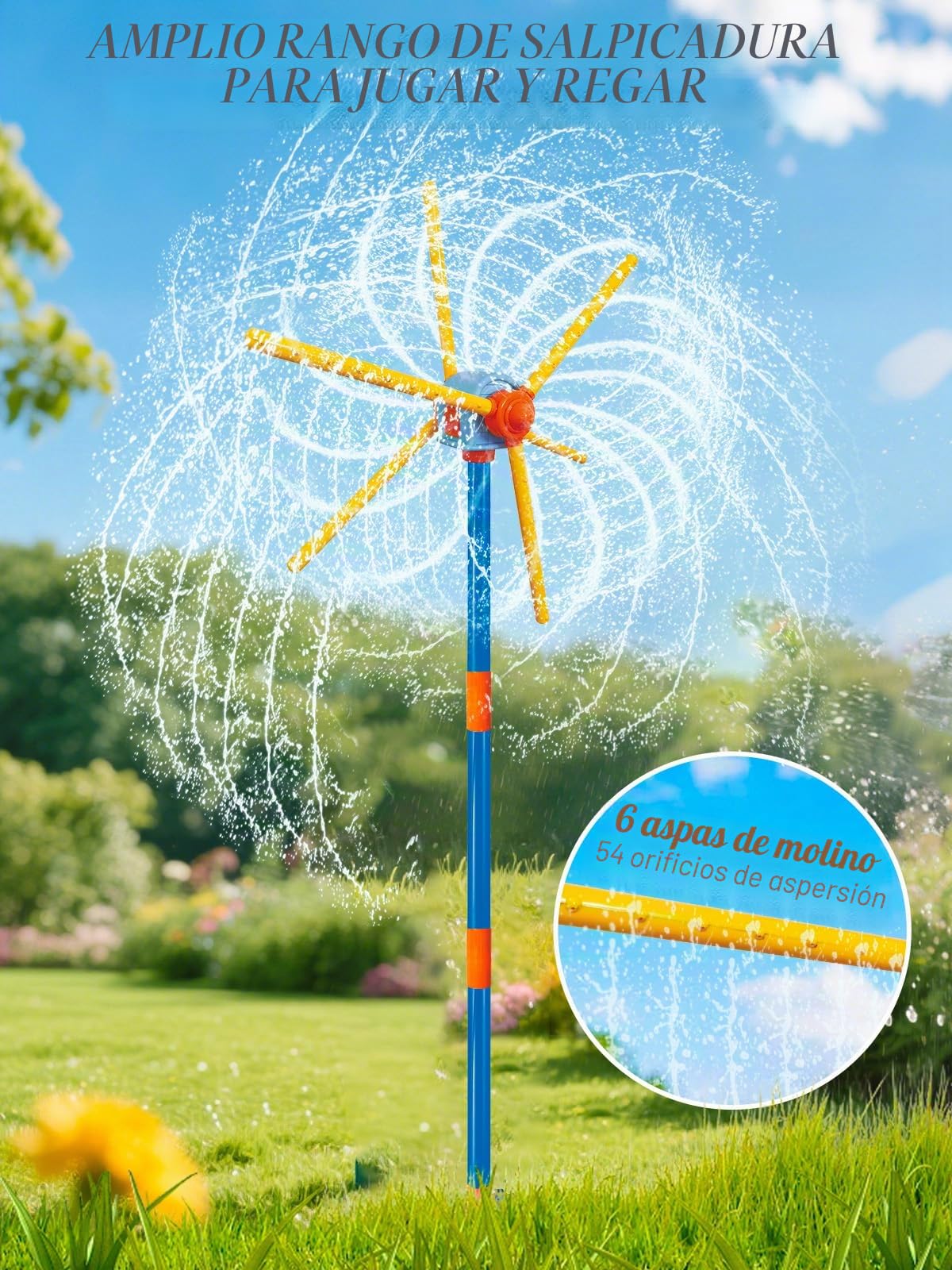 TERRAMUS Aspersor de agua con molinete de 59 pulgadas para niños, juguetes de verano, juguete de agua giratorio de 360°, doble cara mejorado con 6 aspas, juegos de jardín al aire libre, diversión de