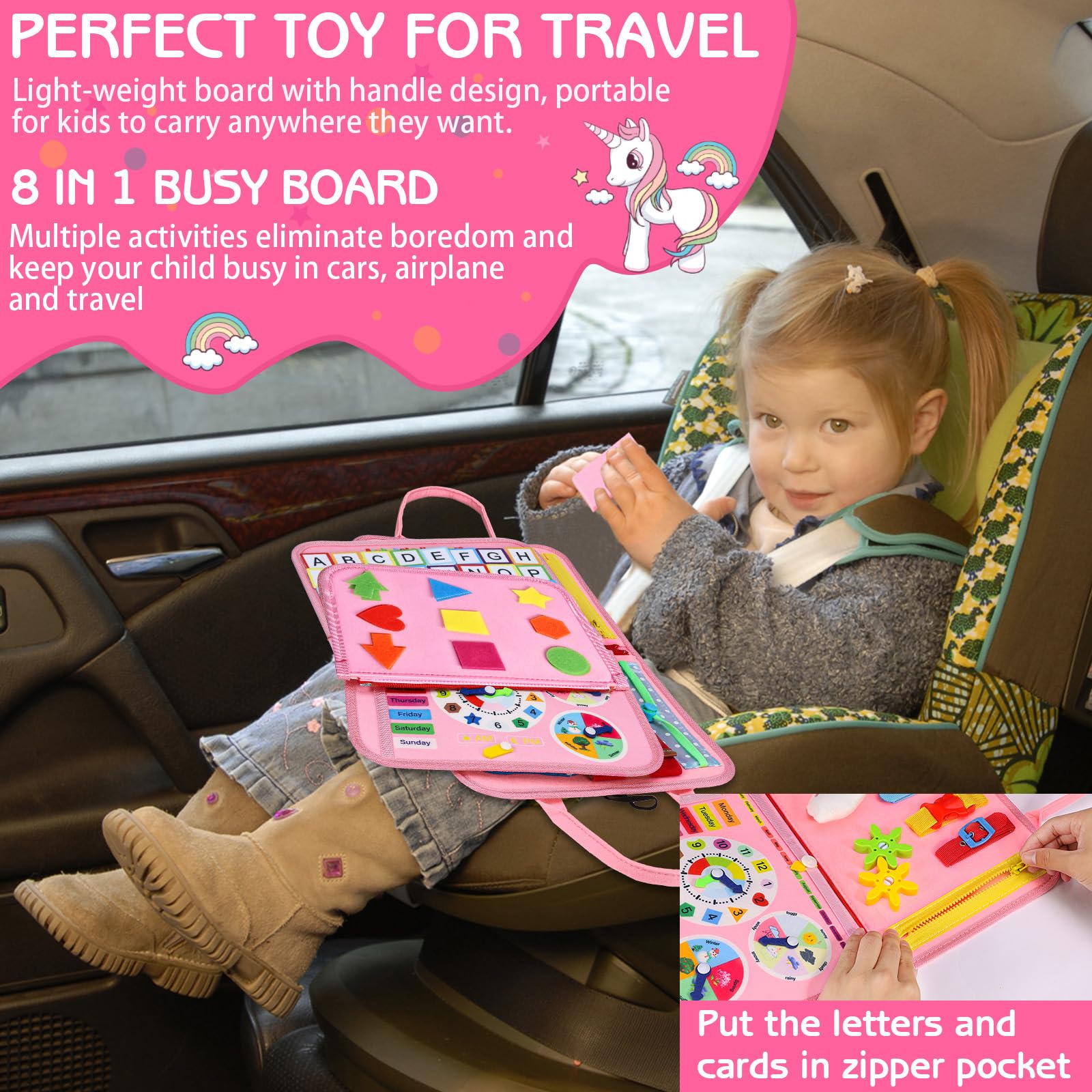 Esjay Busy Board for Toddlers, Montessori Toys for 1 2 3 4 Year Old, Travel Toys Gifts for Girls, Sensory Board Buckles, Educational Learning Activities Fine Motor Skills Toys for Airplane Car 2