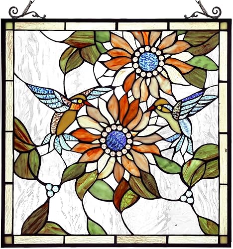 Miniatura 1 de Capulina Paneles de vidrieras para colgar ventanas, girasoles y pájaros, estilo Tiffany, artesanías de arte tradicional para decoración del hogar y