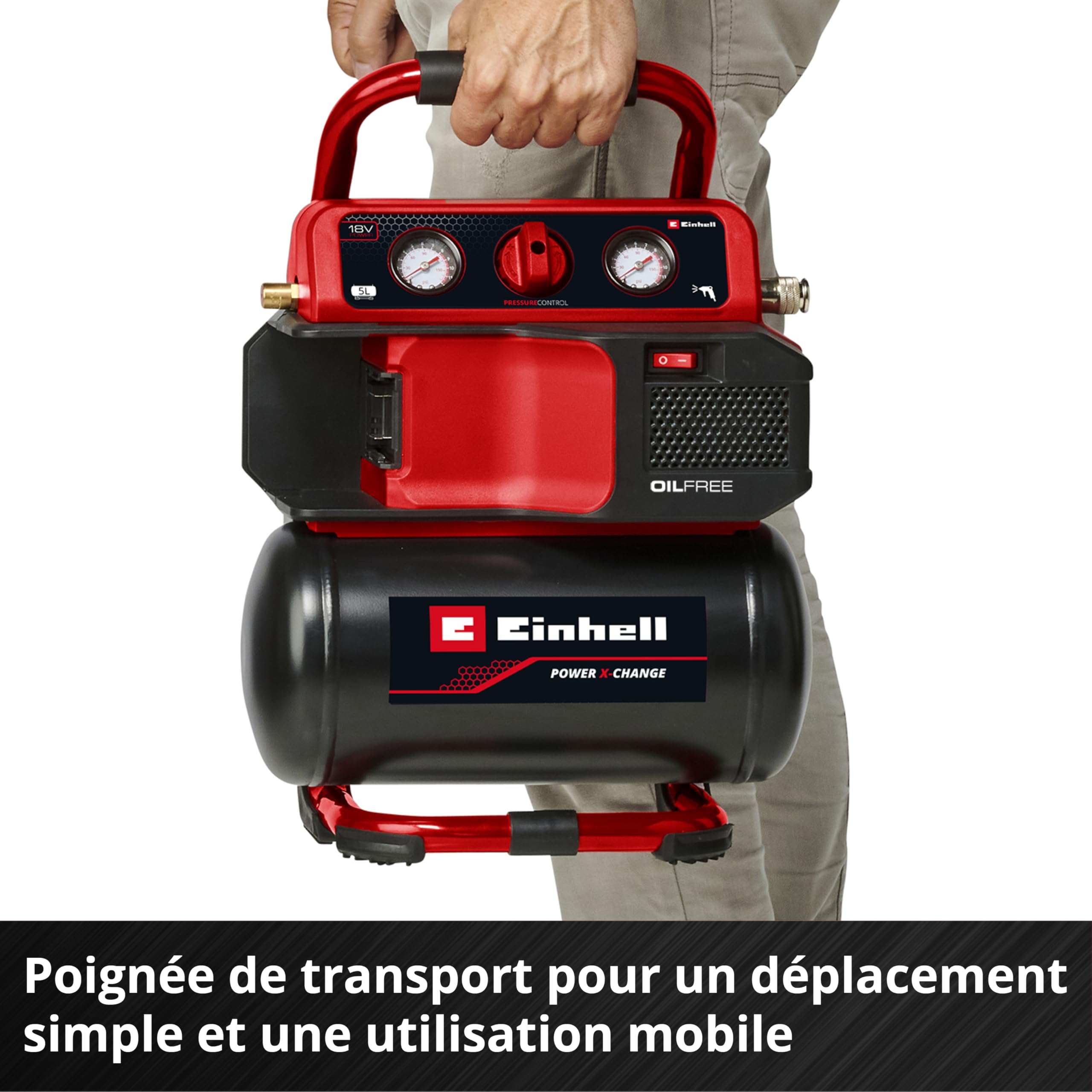 Einhell Compresseur sans fil TE-AC 18/75 Li OF-Solo Power X-Change (18 V, 8 bar max., cuve de 5 l, capacité de pompage de 75 l/min, 2 manomètres, sans lubrification, sans batterie)