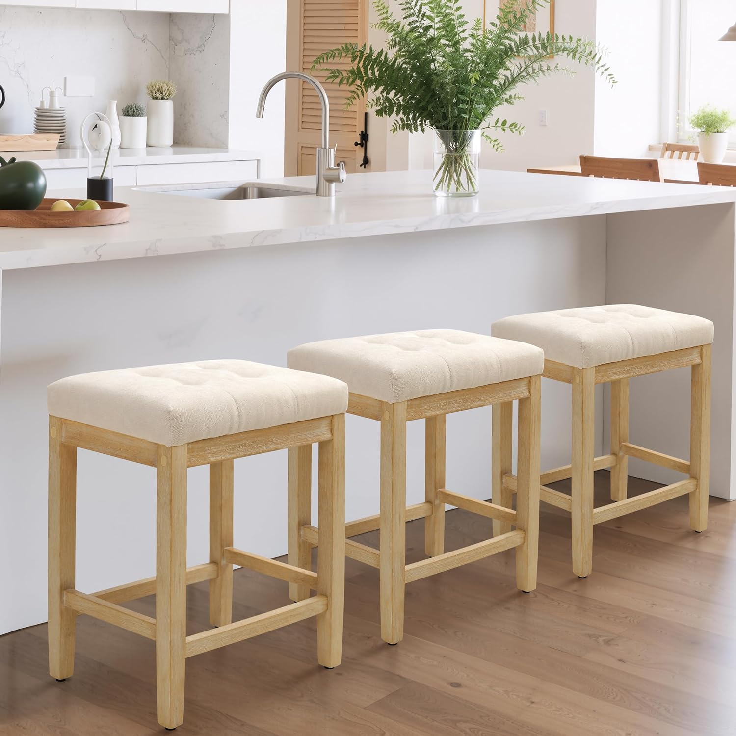 RNKSFX Counter Height Bar Stools Set of 3 for Kitchen Counter Farmhouse Modern Backless Barstools with Fabric Upholstered Seat and Solid Wood Legs 24 inch Bar Chairs, Beige + Wood Color