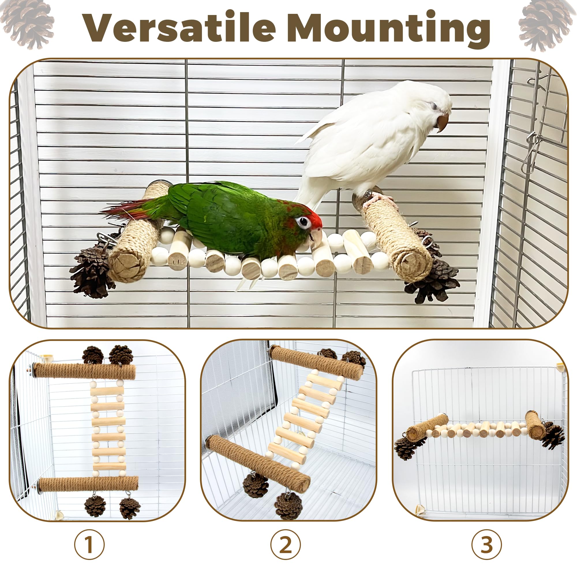 Jevnd Heavy-Duty Wood Bird Ladder Platform, Edible Bird Perches for Cage with Pinecones Chew Toys, Natural Hanging Parrot Perch Bridge, Climbing Play Stand for Parakeet Conure Cockatiel Budgie Quaker - image 3