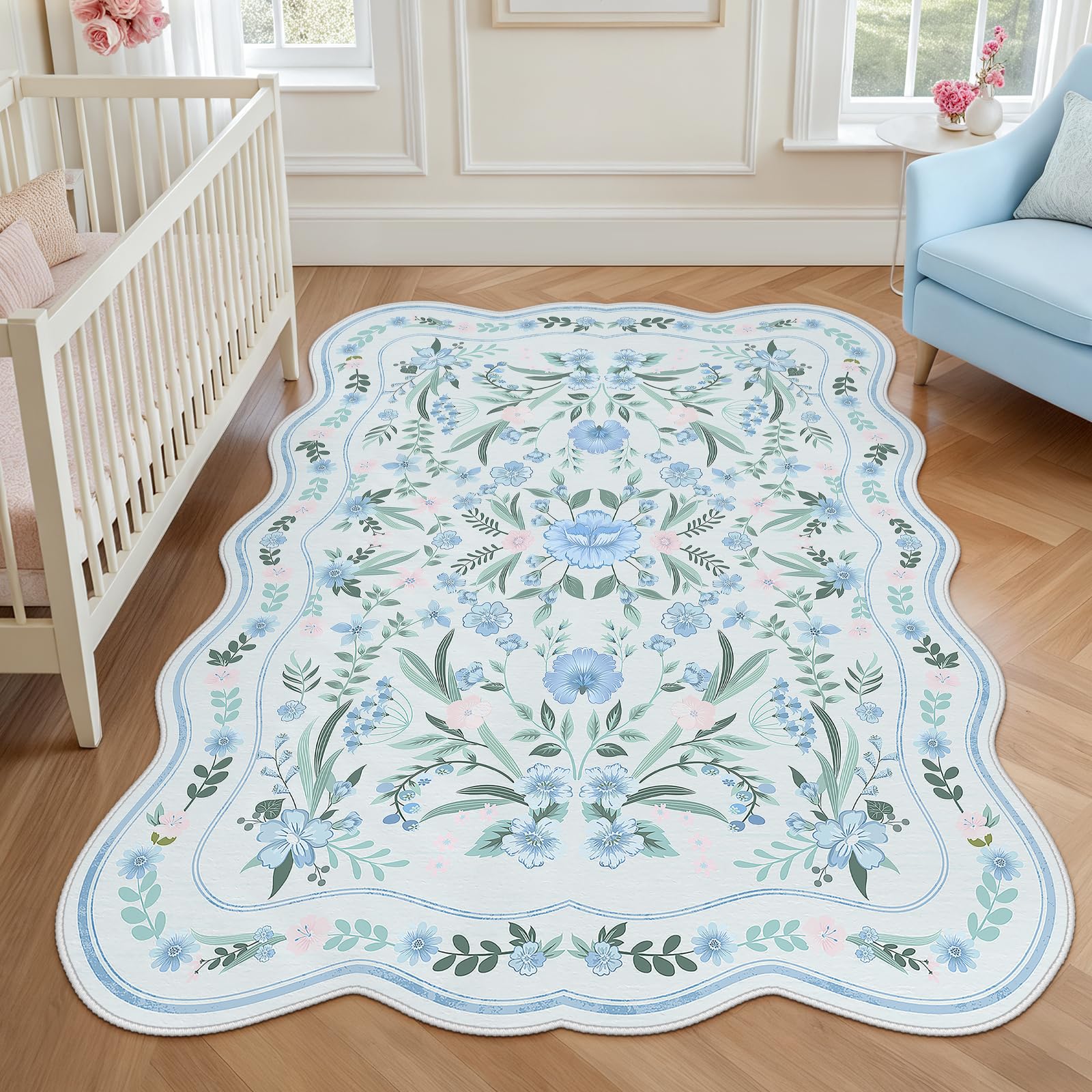 Dadasgk 4x6 Scalloped Blue Floral Area Rug