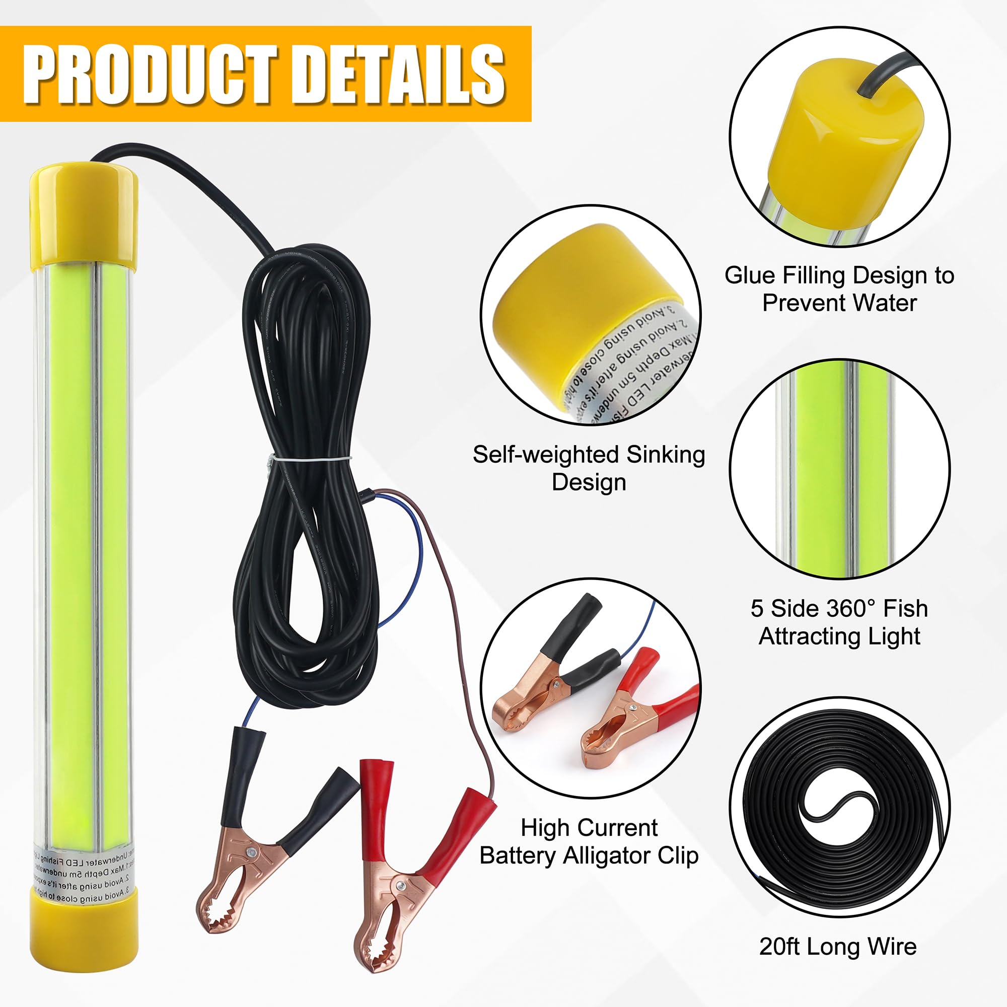 VATEICO Underwater Fishing Light 50Watts 12V 16.5FT Wire Super Bright Led Submersible Green Night Fish Attracting Lights Fishing Finder Bait for Snook, Bass, Crappie, Striper, Bait, Catfish
