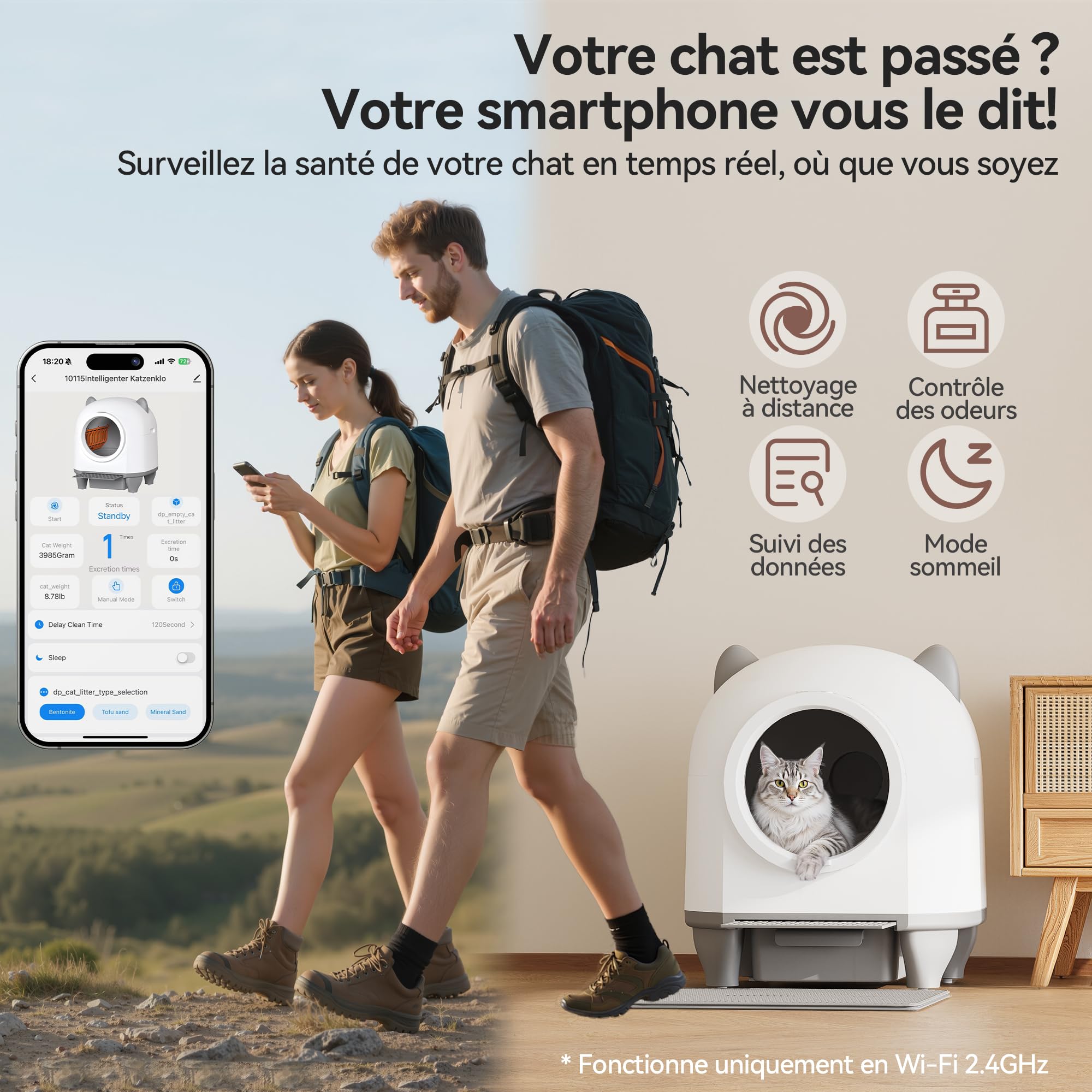 Devoko Litiere Chat Autonettoyante Automatique, Bac Litiere pour Chat XXL 90L, Design en Forme d'oreilles de Chat, Système de Sécurité à Six Niveaux, avec Fonction Désodorisante, Compatible avec APP