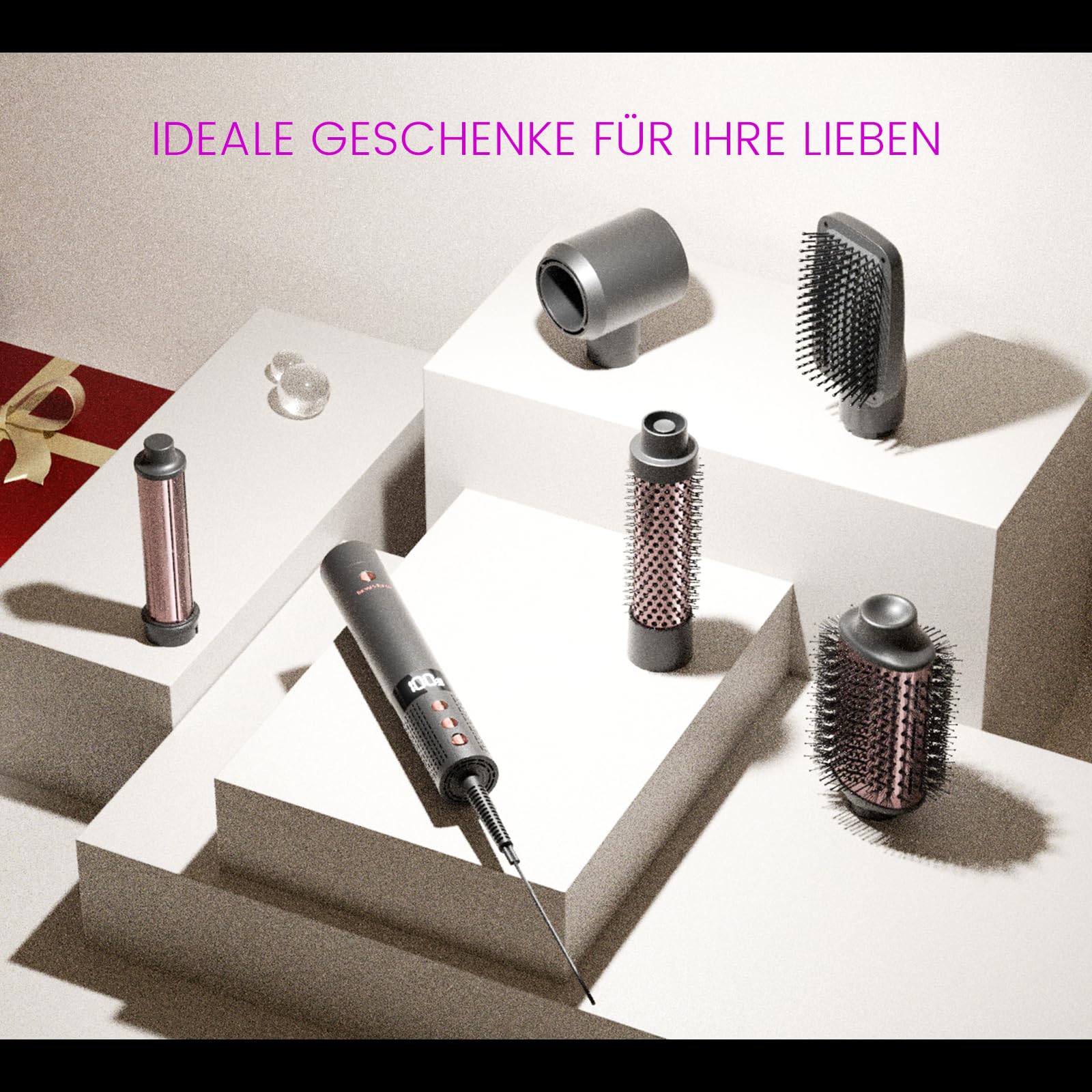 Hairstyler 6 In 1 Airstyler Haarstyler mit Rundbürstenföhn, Airflow Lockenstab Automatisch, Volumen Föhnbürste, Haartrockner, 110000RMP, 1400W Airwrap für Locken, Volumen, Glätten, Trocknen, Rose Gold