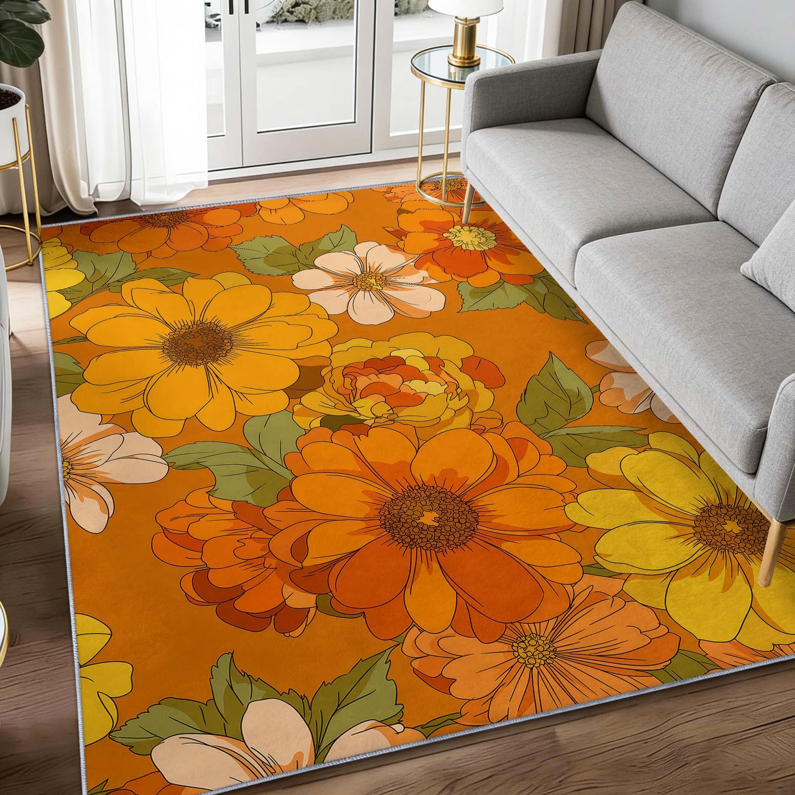 Tapis de salon poils courts lavable 120x180cm fleurs jaune pour chambre bureau
