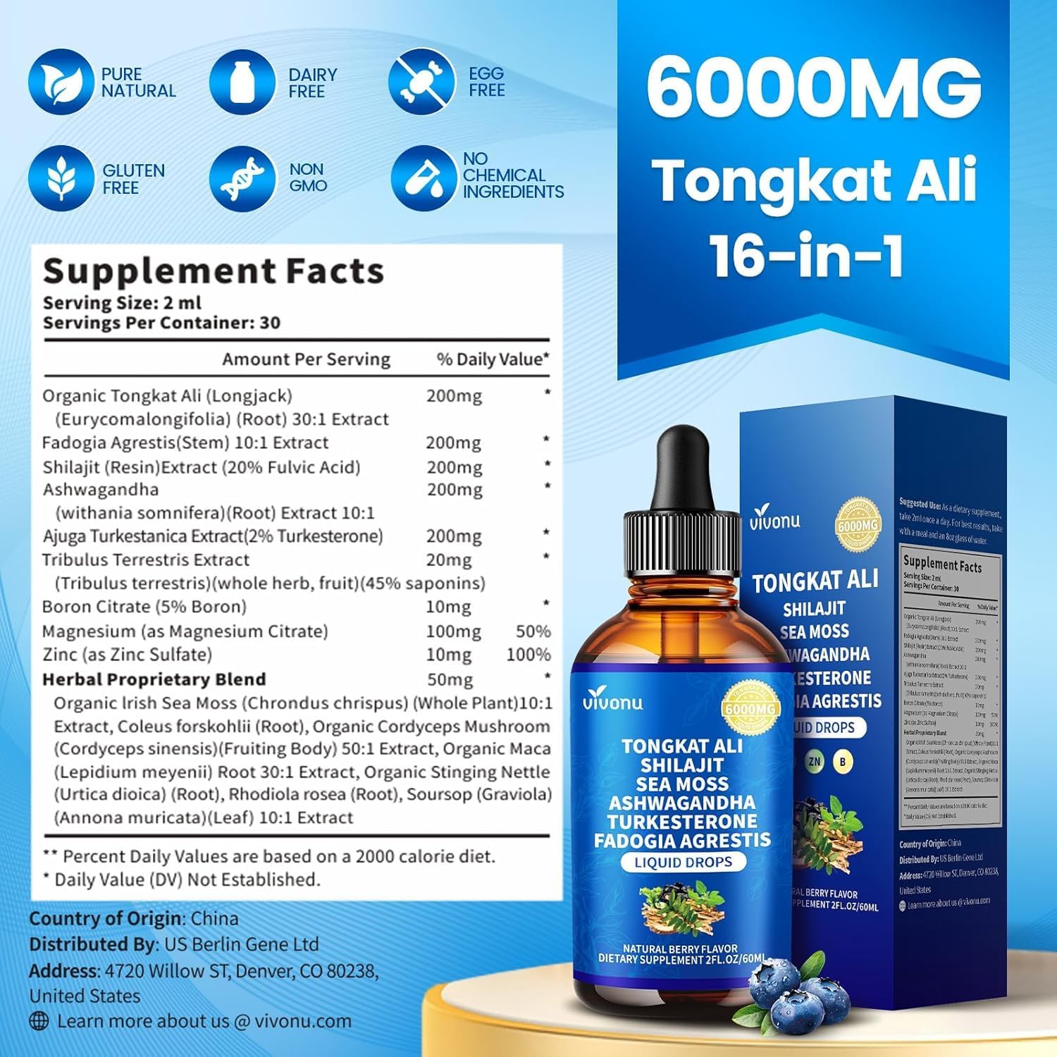 VivoNu Tongkat Ali Liquid Drops with Shilajit* for Men, Turkesterone, Fadogia Agrestics, Magnesium Zinc & Boron, Berry Flavor Herbal Supplements* for Energy*, Immune* Health