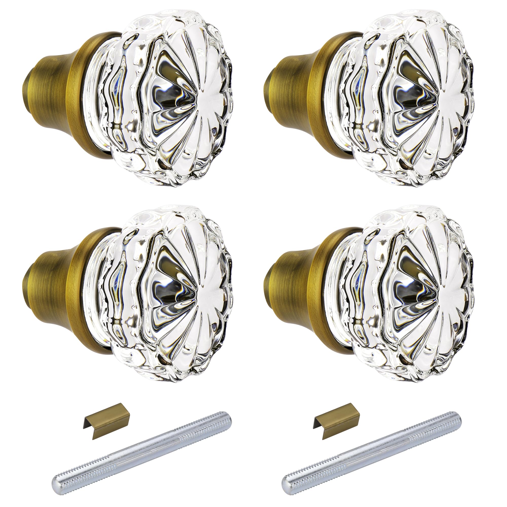 Toptoo 2 Sets Glass Door Knobs - Old Style, Vintage Crystal, Antique Brass Finish