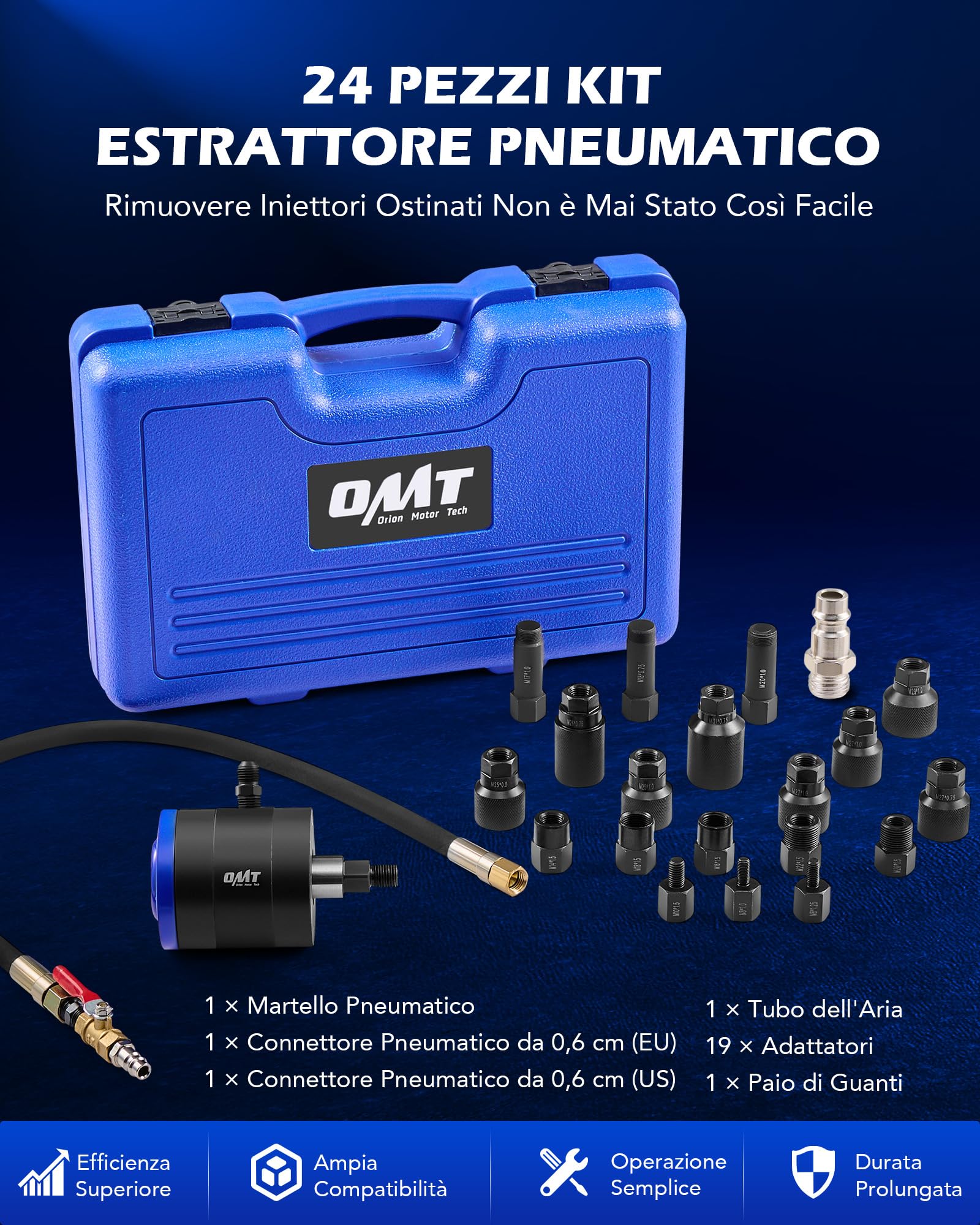 Orion Motor Tech 24 Pezzi Estrattore Pneumatico per Iniettori Diesel per Rimuovere Iniettori a Vibrazione d'Aria da 5-8 Bar con Martello Estrattore, 19 Adattatori, Tubo di Prolunga e EU US Connettori