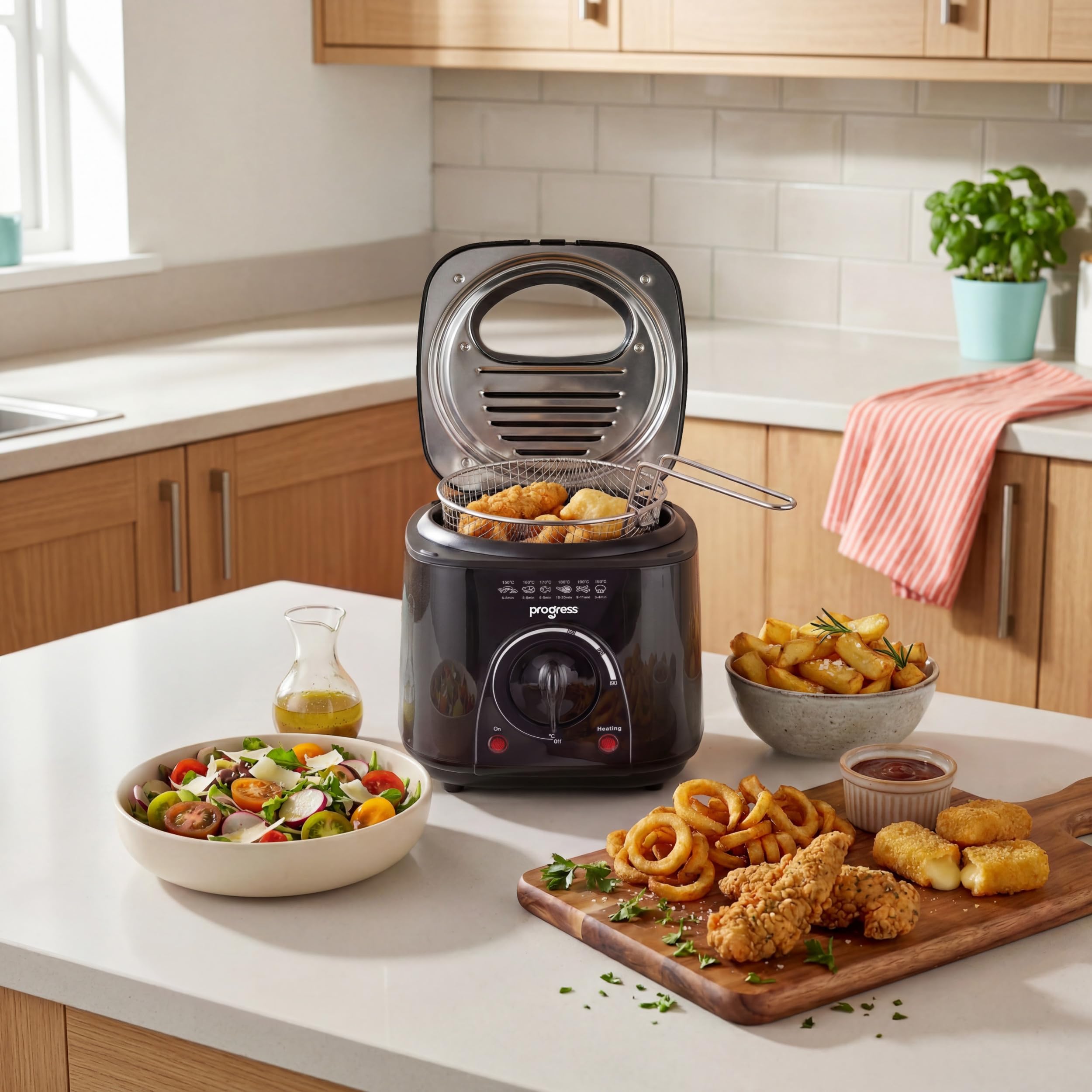 Progress Friteuse et appareil à fondue 2-en-1, 1 L, 190 °C | Cuve antiadhésive, température réglable, hublot de contrôle, voyants marche et prêt, panier, 6 fourchettes