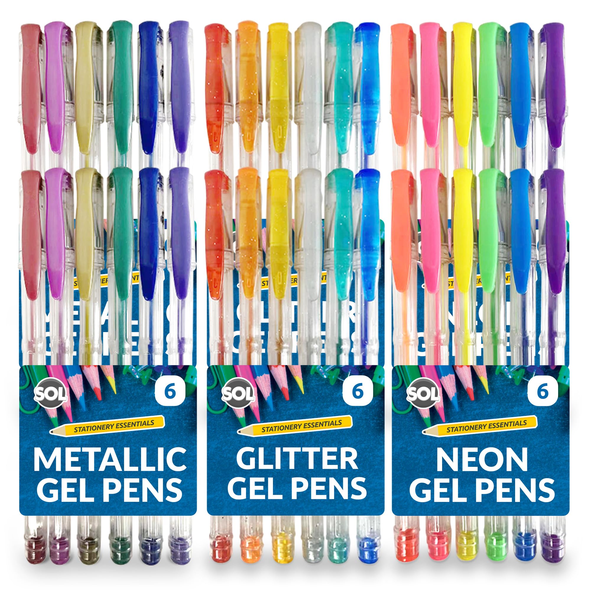SOL 36pk Gel Pens, Assorted Colours with Glitter, Neon and Metallic Inks, Smooth Writing Pens for Journaling Drawing