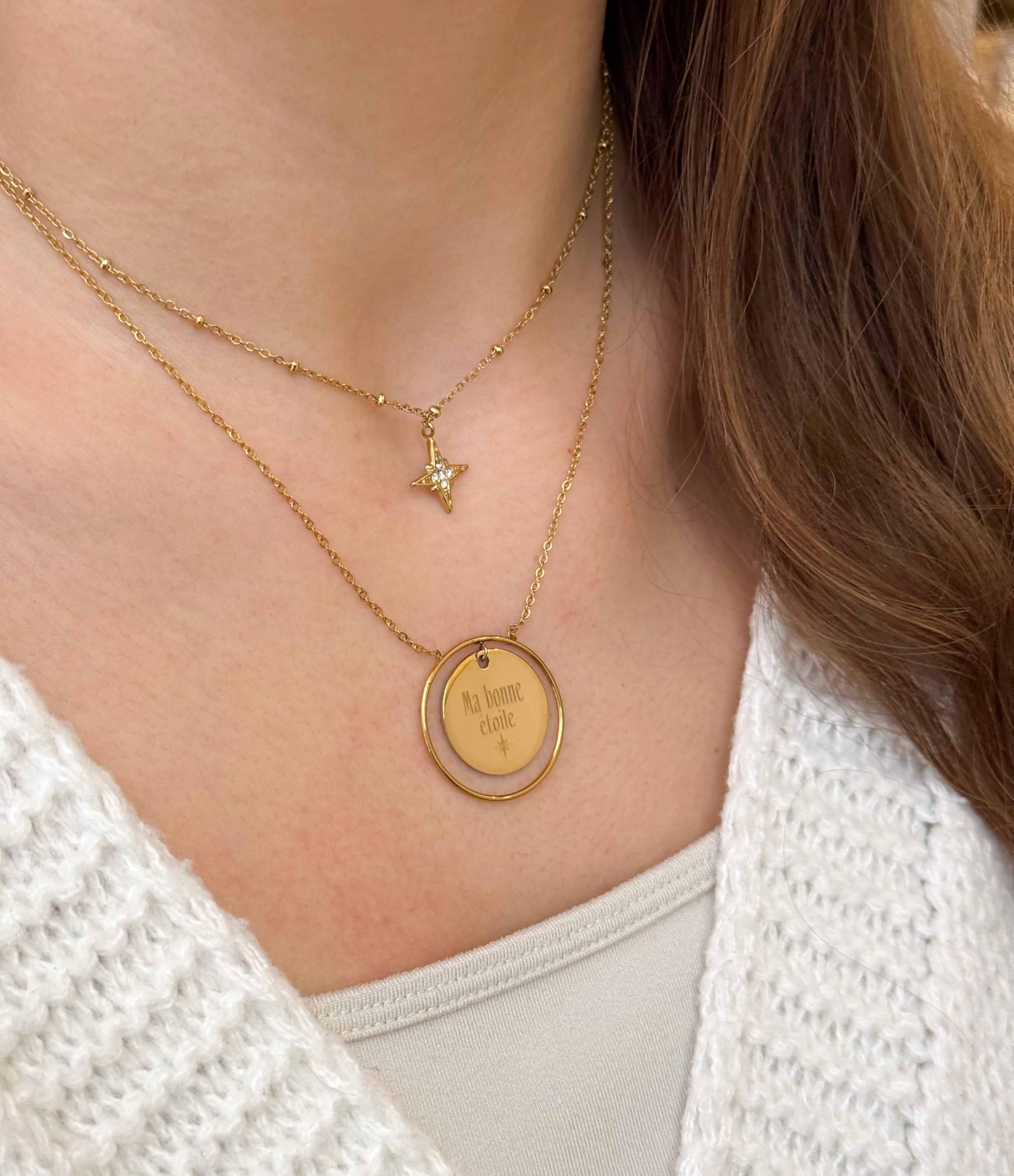 Paloma - Collar de 2 filas con estrella de cristal y medalla redonda personalizable de acero quirúrgico de alta calidad, grabado realizado en Francia