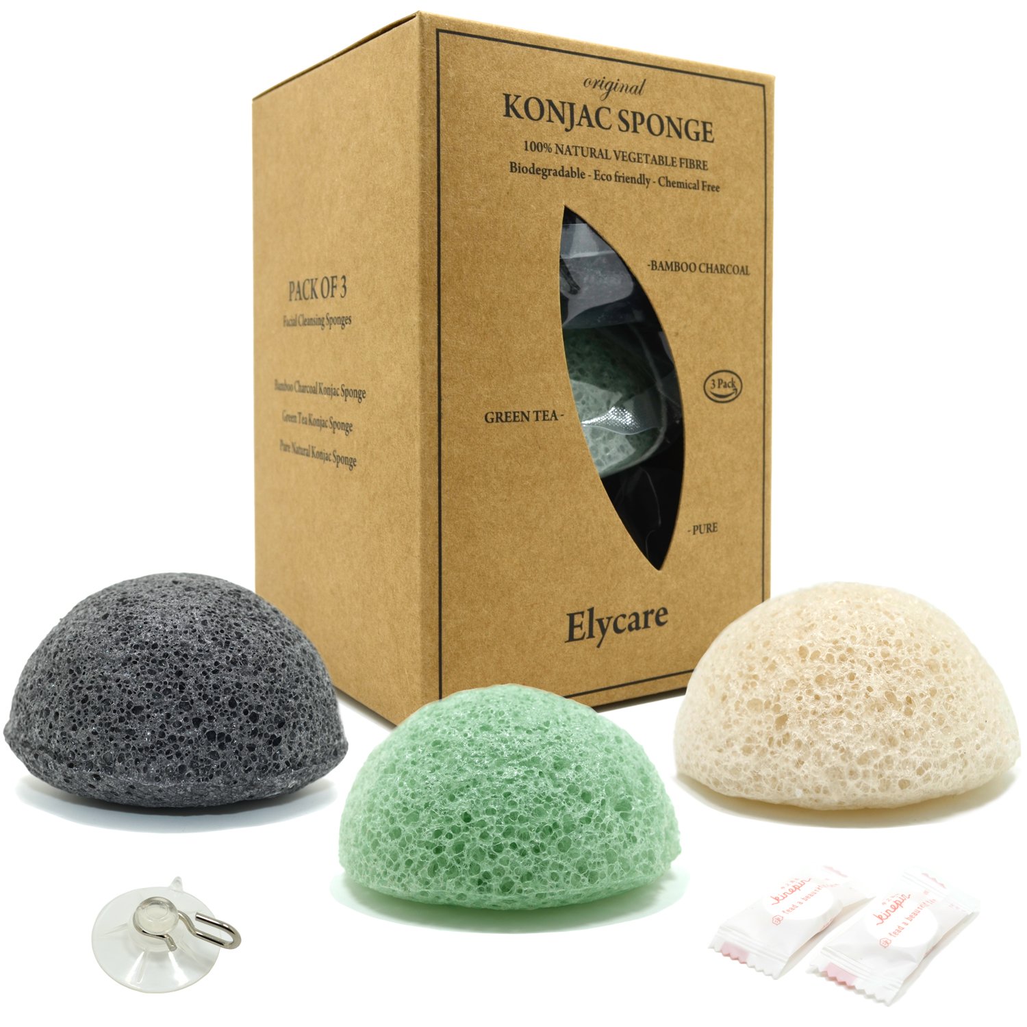 Konjac Facial Sponge Set - 3 Pack (Bamboo Charcoal,Green Tea & Natural Pure White)