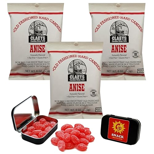 Claeys Anise Hard Candy 3 Pack - 6 Oz Bags plus Snack Hotline Tin That Fits in Pocket or Purse - Carry Your Old Fashioned Hard Candy With You Snack